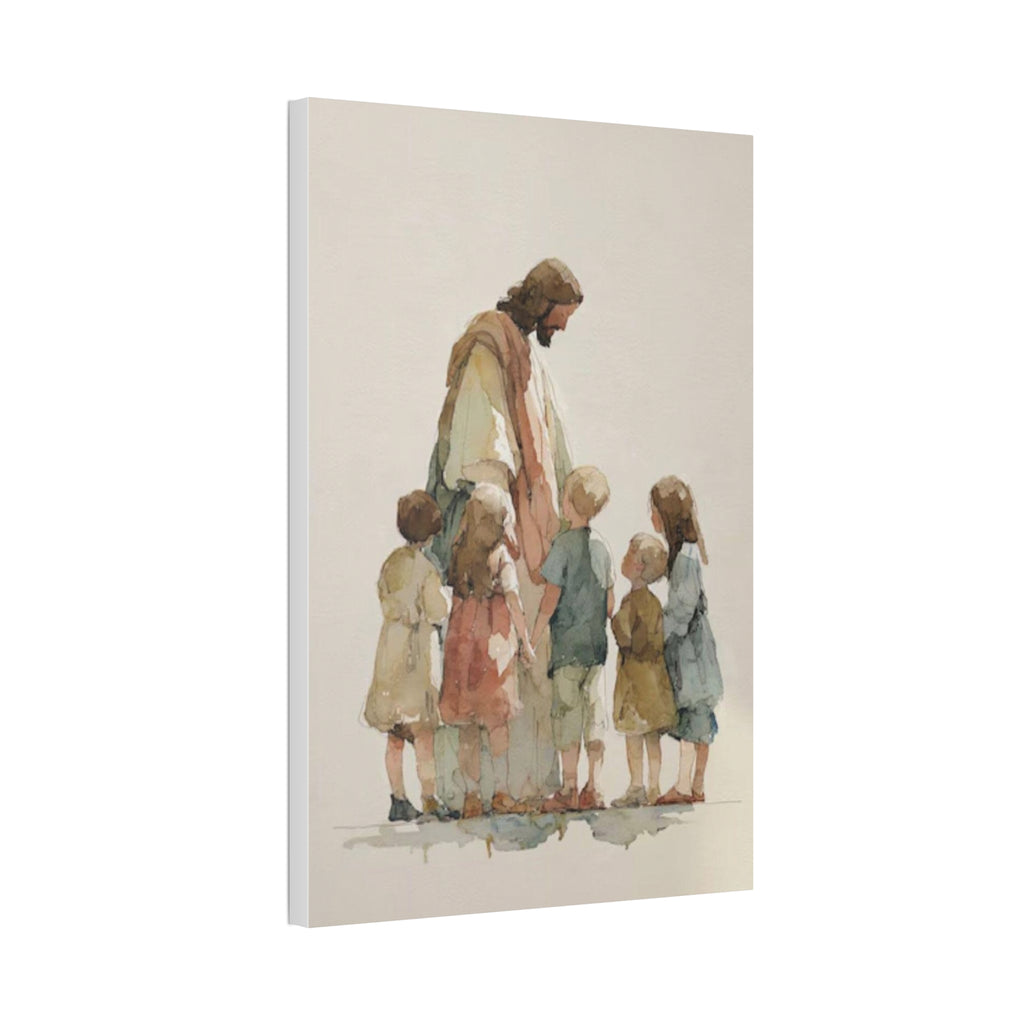 Faithful Father and Children Watercolor Canvas Print — Religious Nursery Wall Art