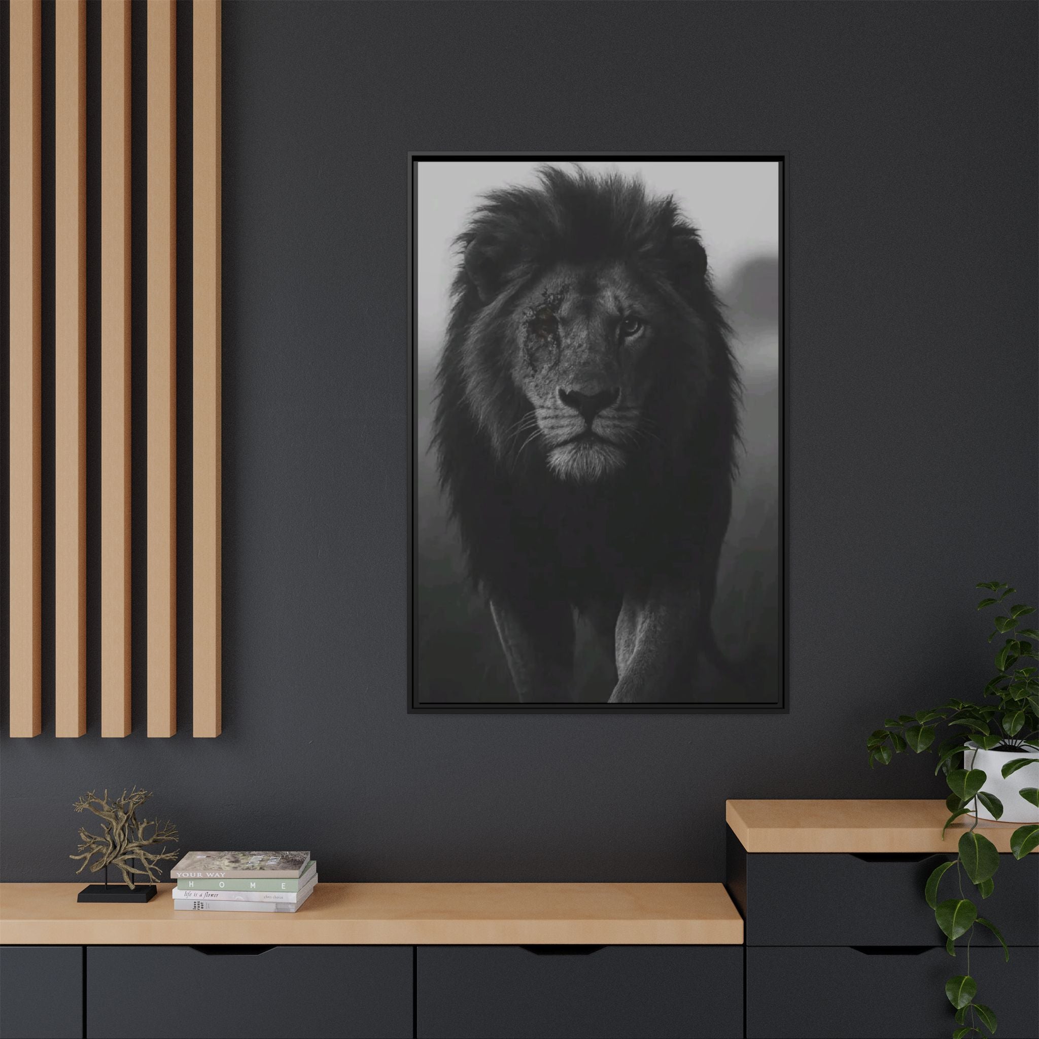 Framed Matte Canvas Lion Wall Art – Black & White Majestic Lion Print