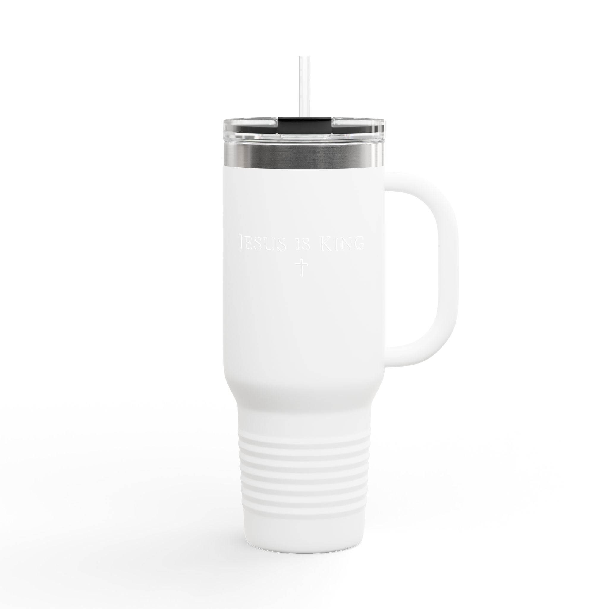 40oz Insulated Travel Mug — White Stainless Tumbler with Lid & Straw