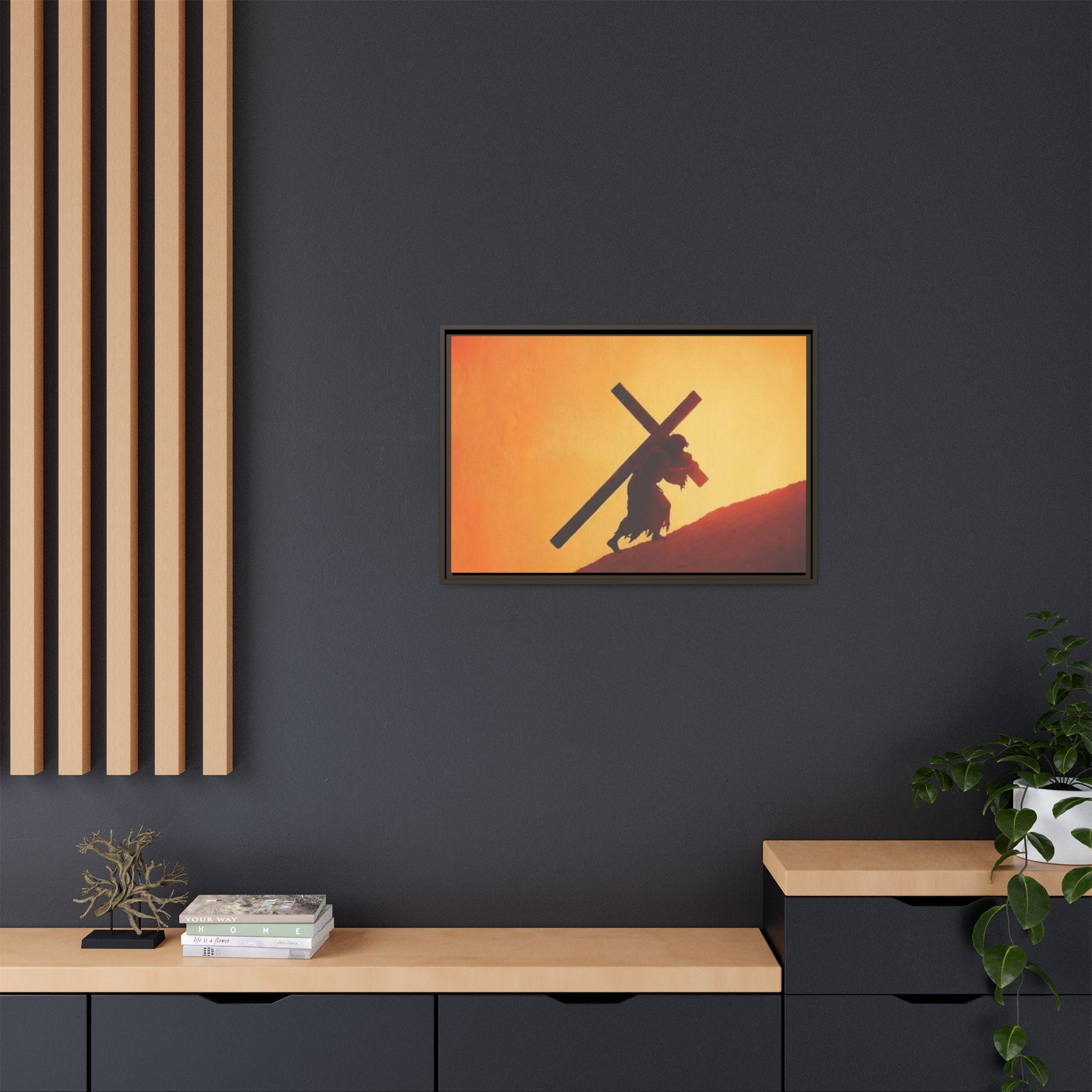 Jesus Christ Carrying Cross Framed Canvas — 'The World On His Shoulder' Sunset Art