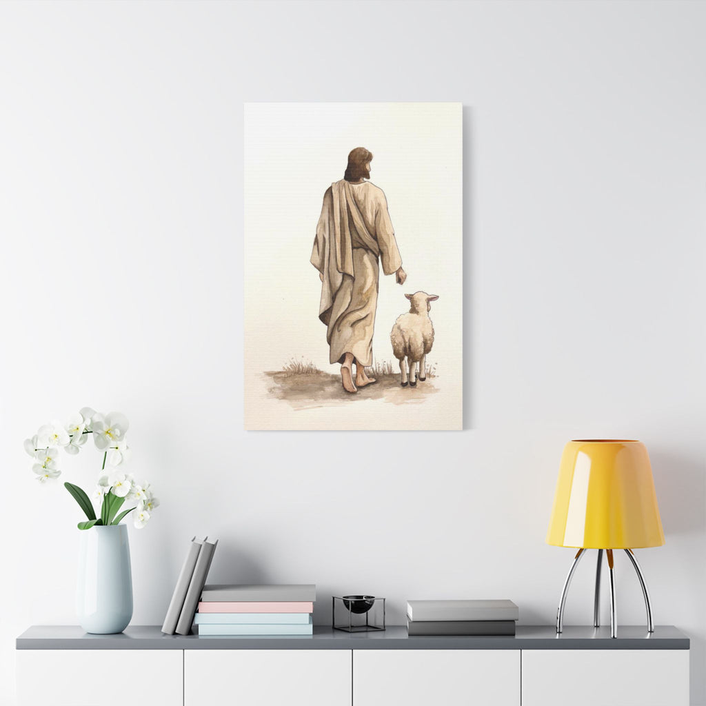 Jesus with Lamb Satin Canvas Wall Art – Christian Religious Stretched Canvas