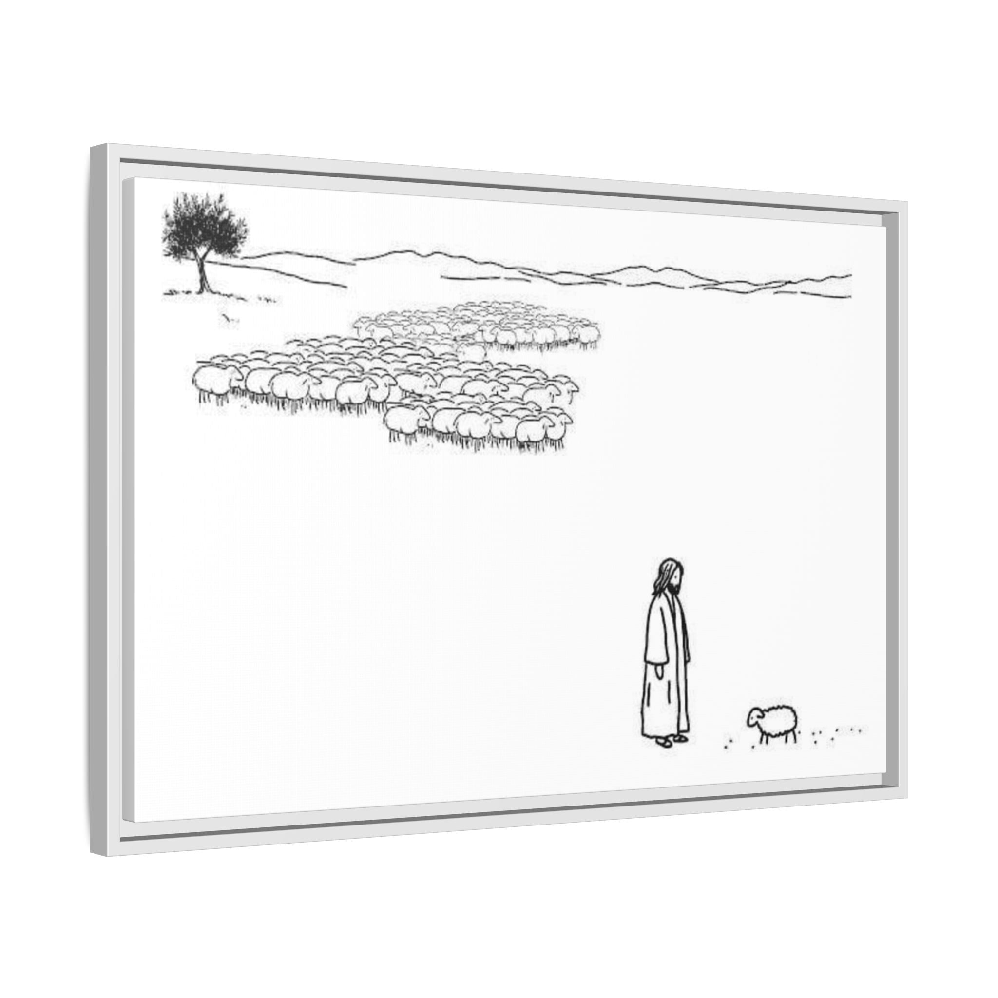 Framed Matte Canvas Print — Minimal The Good Shepherd & Flock Line Art