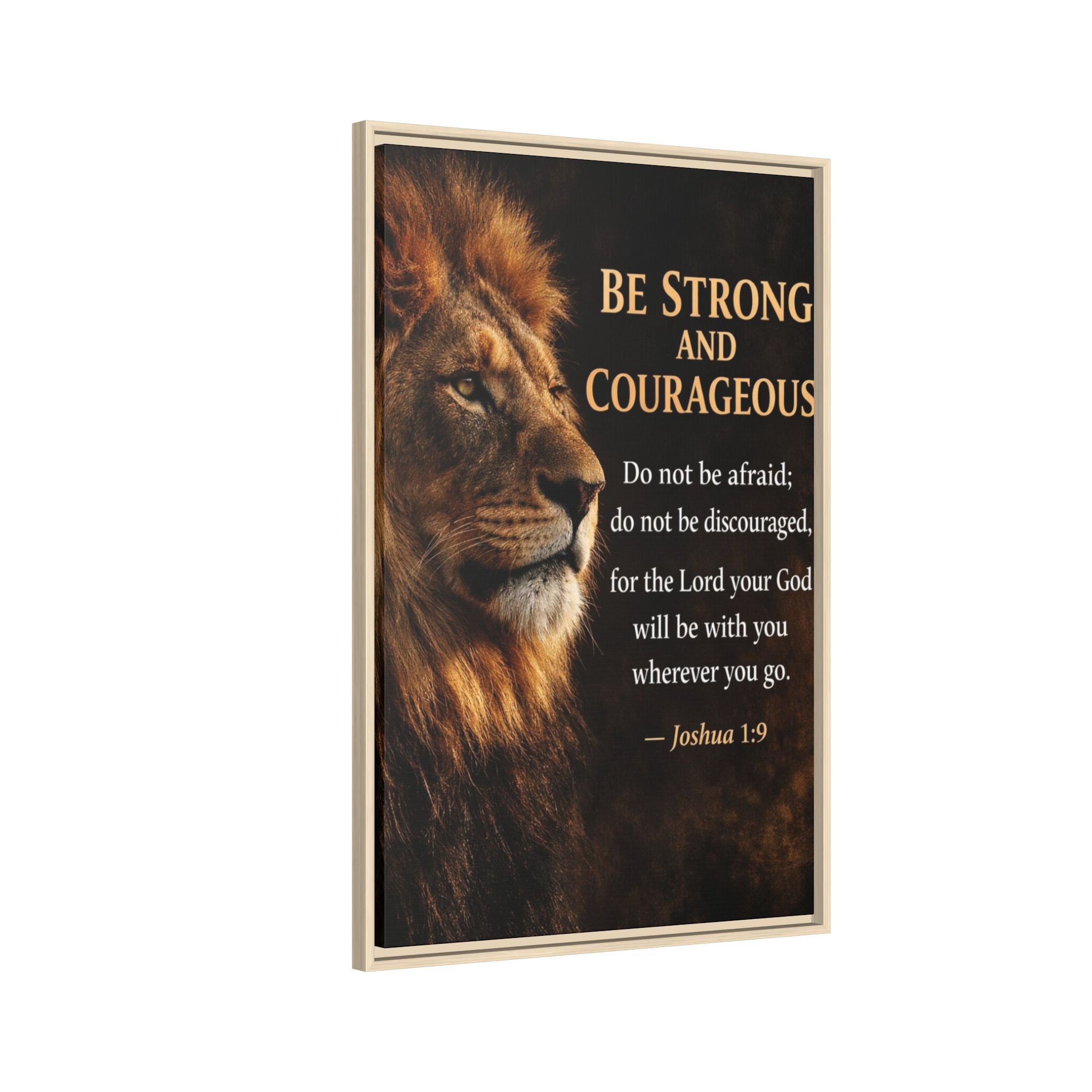 Framed Canvas Wall Art — "Be Strong and Courageous" Lion Joshua 1:9 Inspirational FAITH Art
