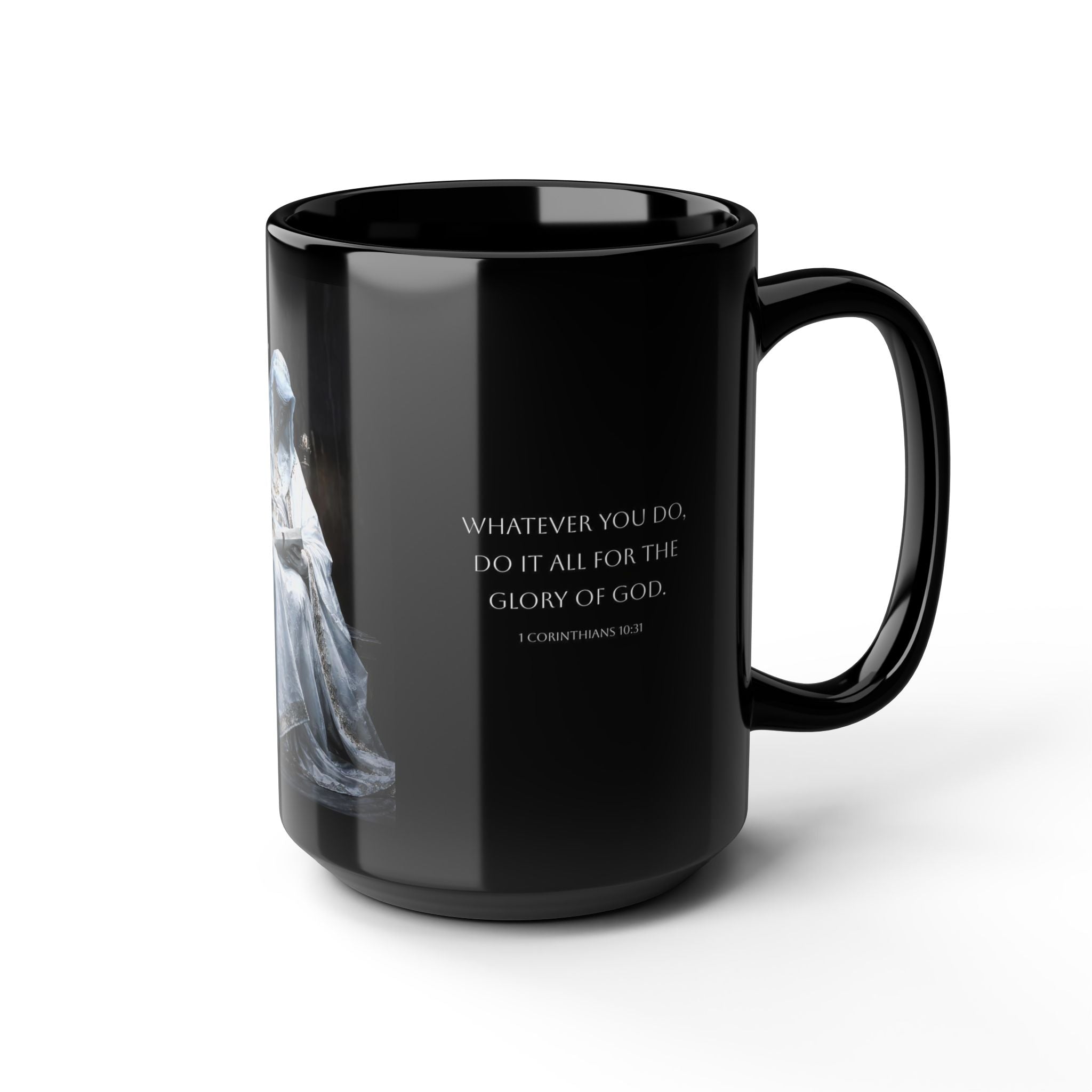 Christian Inspirational Black 15oz Mug — 'Whatever You Do, Do It All for the Glory of God' with Prayerful Statue Artwork