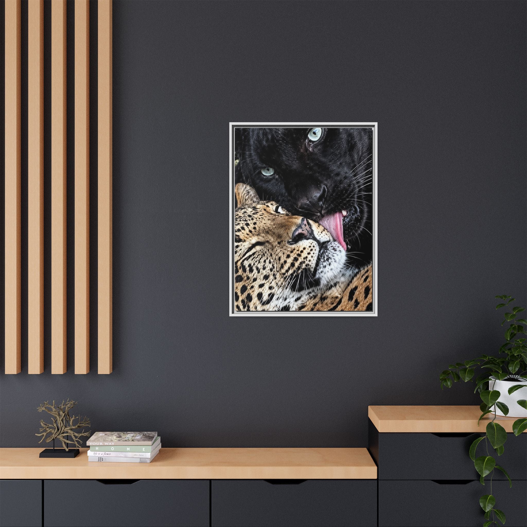 Big Cat Portrait Matte Canvas Framed — 'Perfect' Love-Themed Multi-Color Wall Art