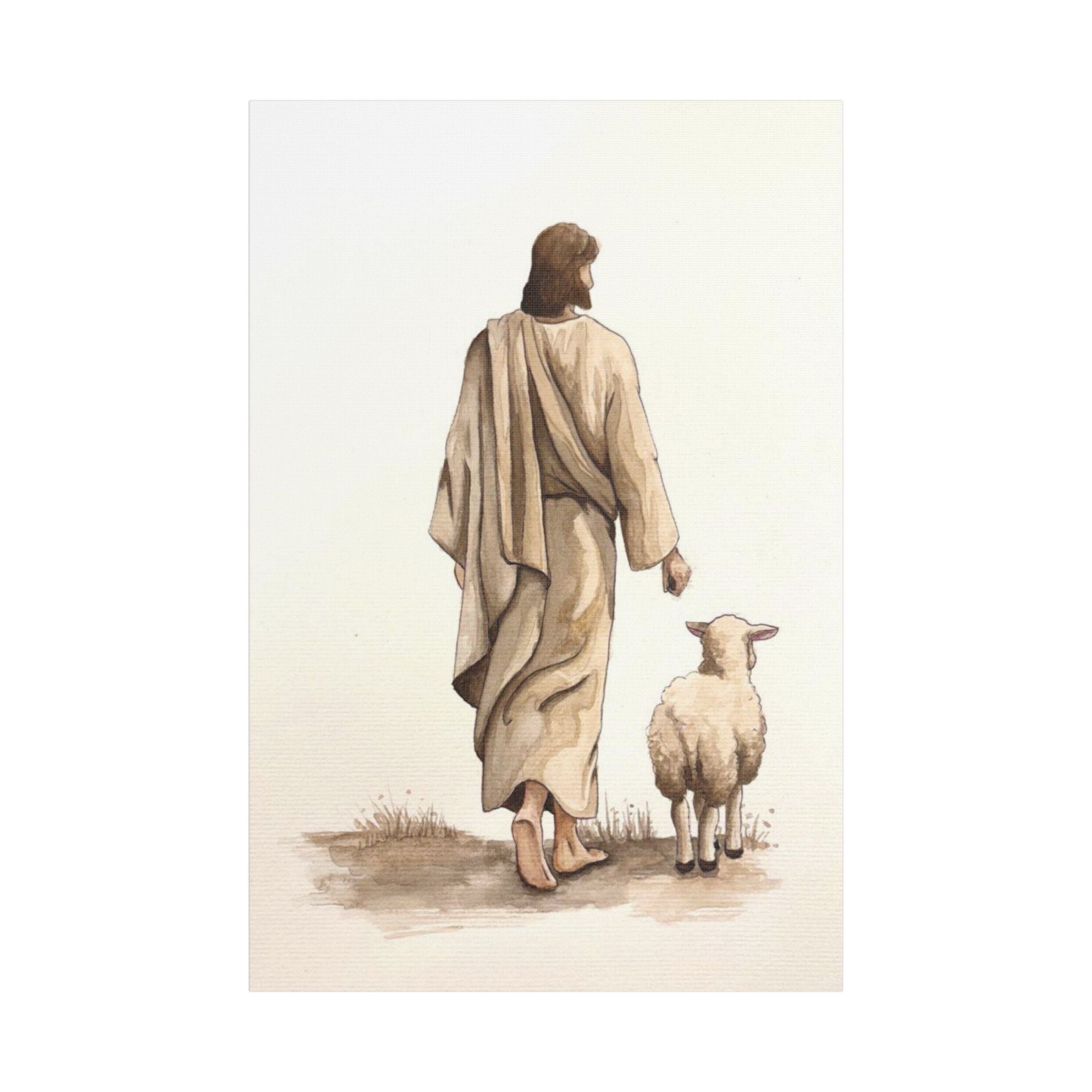 Jesus with Lamb Satin Canvas Wall Art – Christian Religious Stretched Canvas