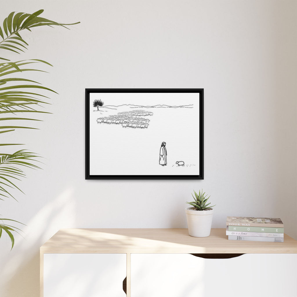 Framed Matte Canvas Print — Minimal The Good Shepherd & Flock Line Art