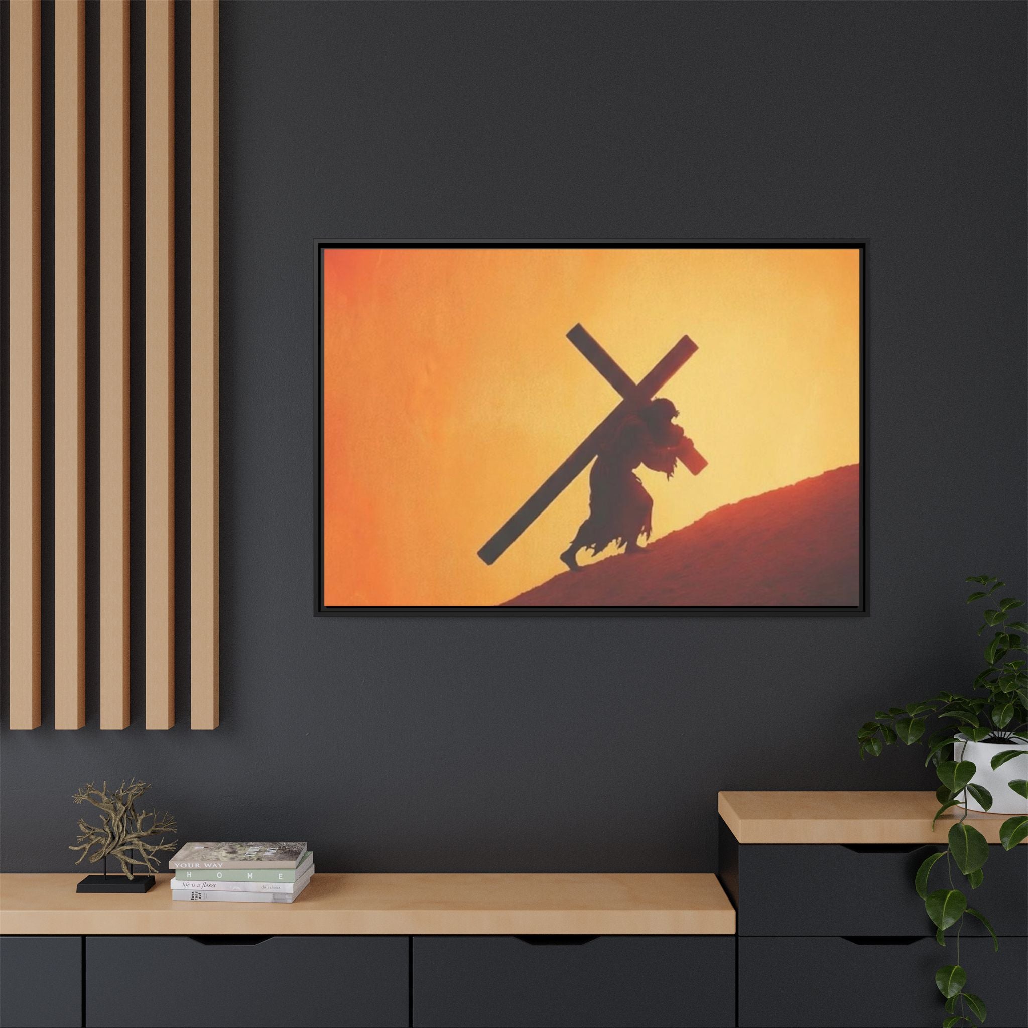 Jesus Christ Carrying Cross Framed Canvas — 'The World On His Shoulder' Sunset Art