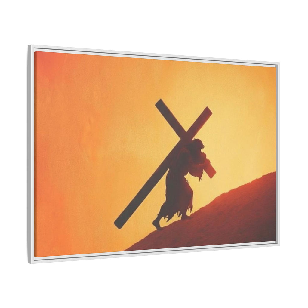Jesus Christ Carrying Cross Framed Canvas — 'The World On His Shoulder' Sunset Art