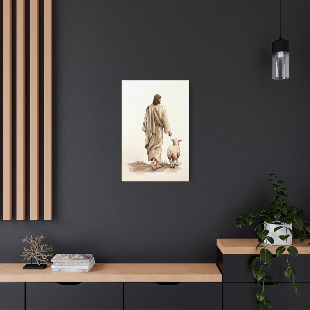 Jesus with Lamb Satin Canvas Wall Art – Christian Religious Stretched Canvas