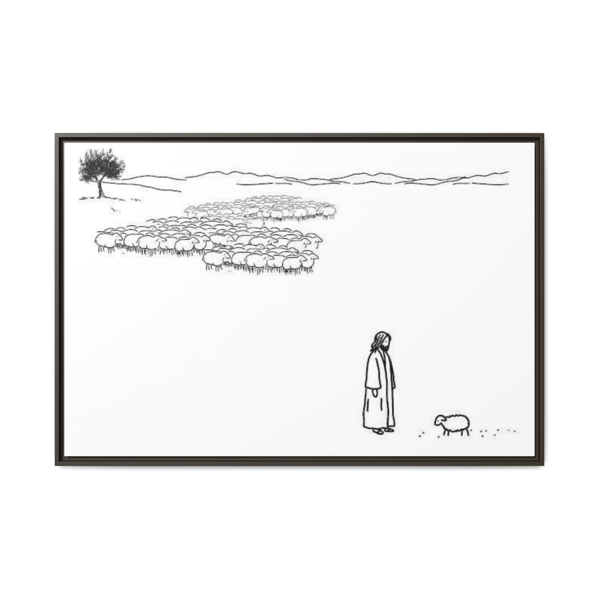 Framed Matte Canvas Print — Minimal The Good Shepherd & Flock Line Art