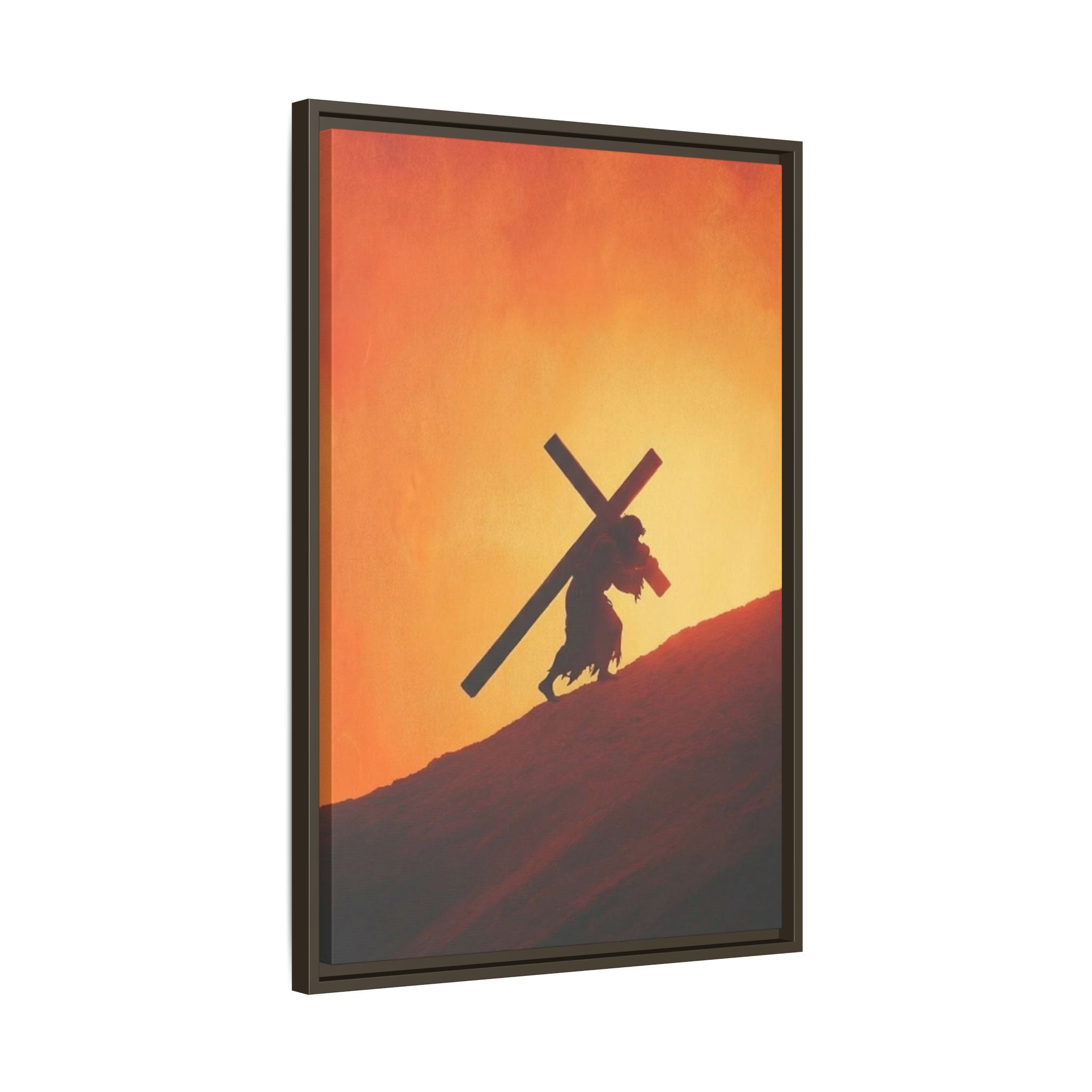 Jesus Christ Carrying Cross Framed Canvas — 'The World On His Shoulder' Sunset Art