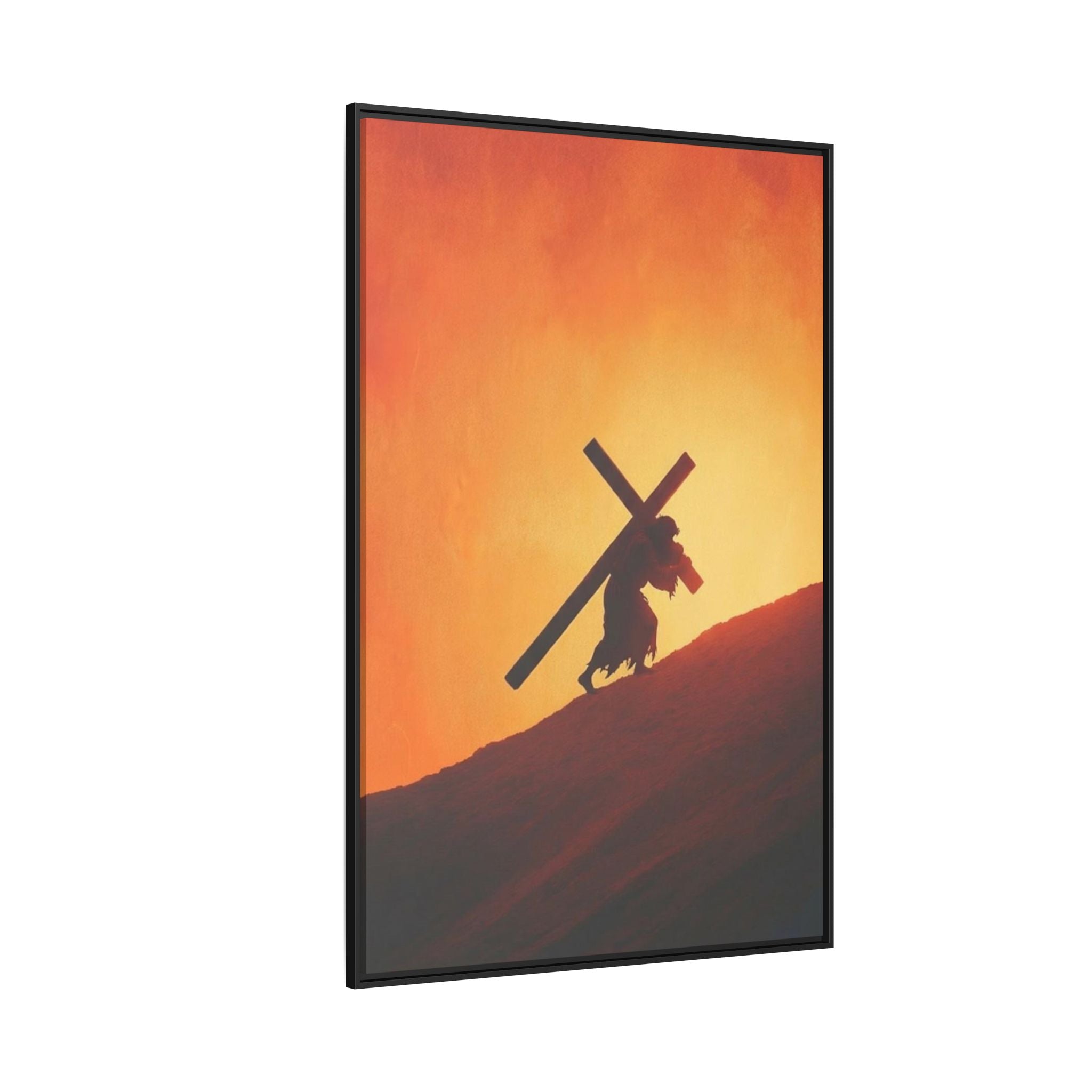 Jesus Christ Carrying Cross Framed Canvas — 'The World On His Shoulder' Sunset Art