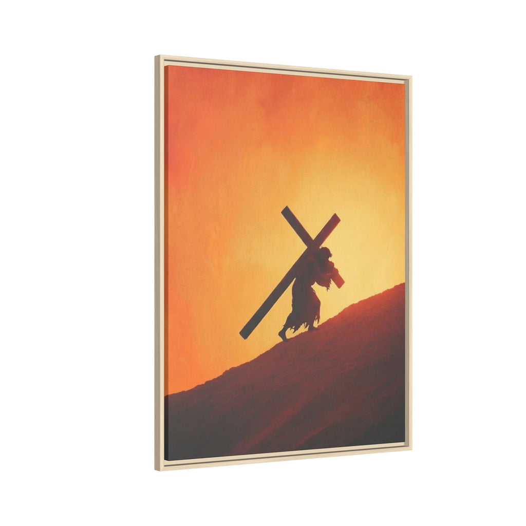 Jesus Christ Carrying Cross Framed Canvas — 'The World On His Shoulder' Sunset Art