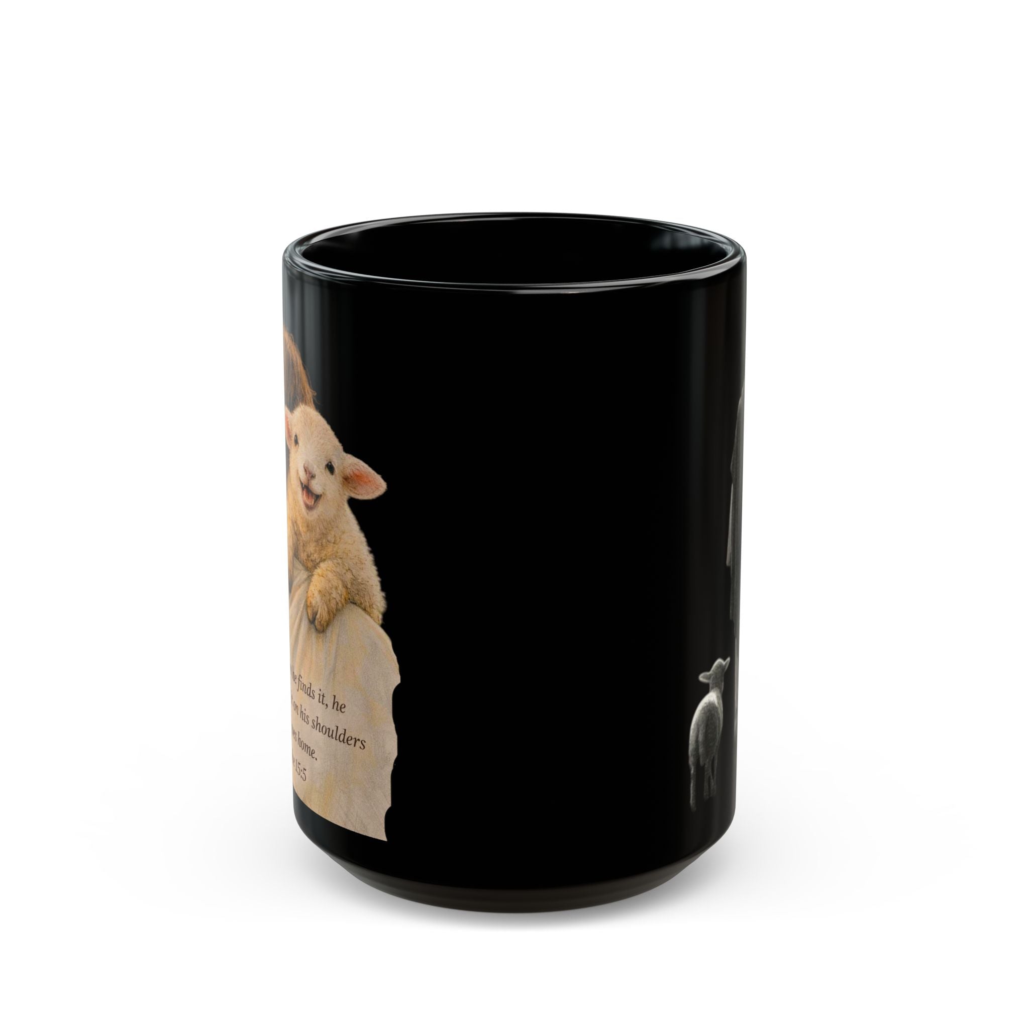 Jesus with Lamb Black Mug — Faith Inspirational Coffee Cup (11oz, 15oz)