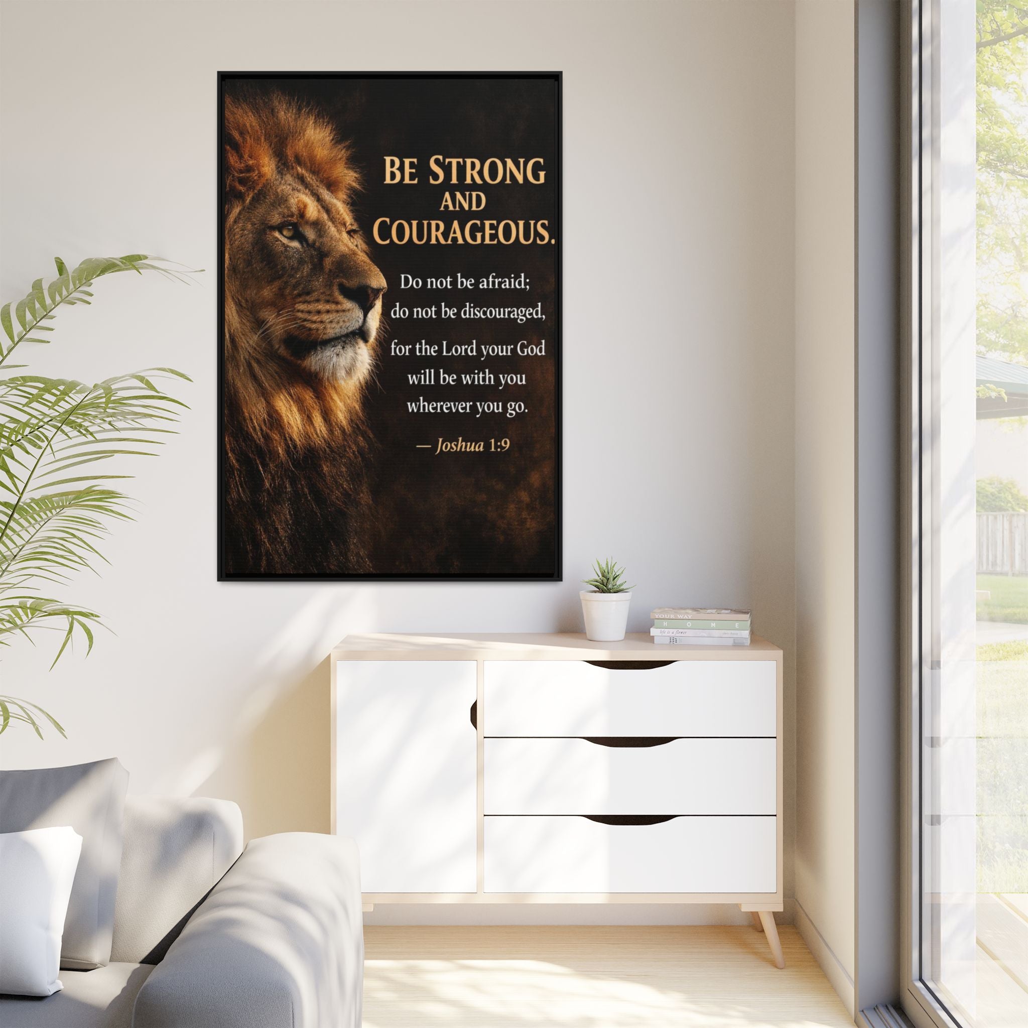Framed Canvas Wall Art — "Be Strong and Courageous" Lion Joshua 1:9 Inspirational FAITH Art