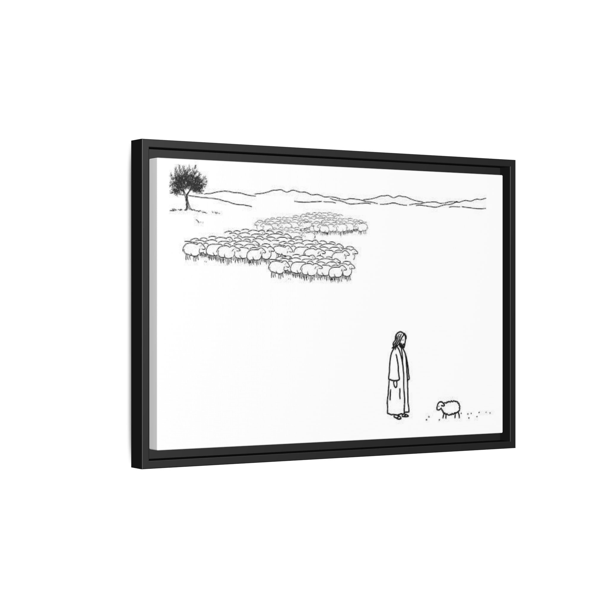 Framed Matte Canvas Print — Minimal The Good Shepherd & Flock Line Art