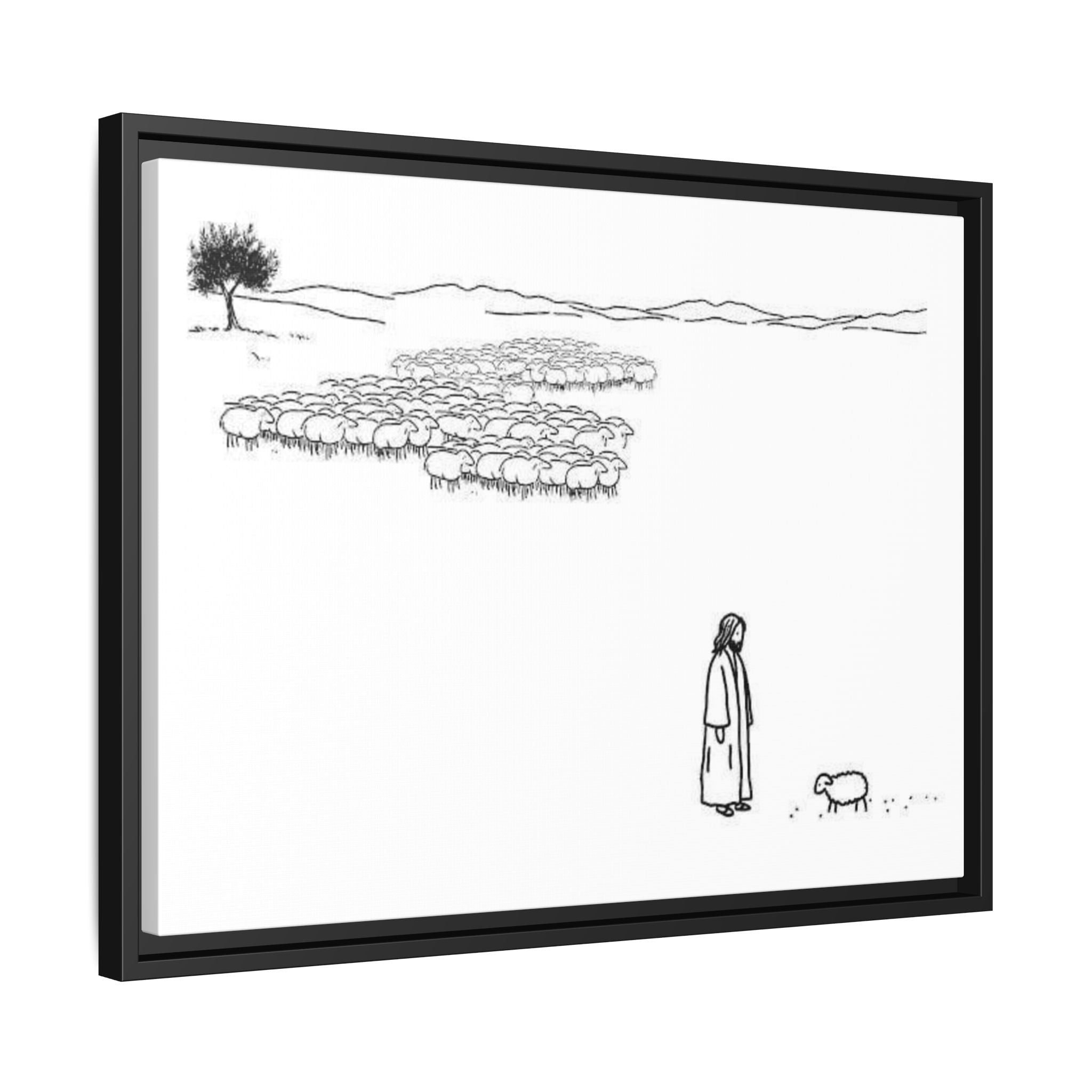 Framed Matte Canvas Print — Minimal The Good Shepherd & Flock Line Art
