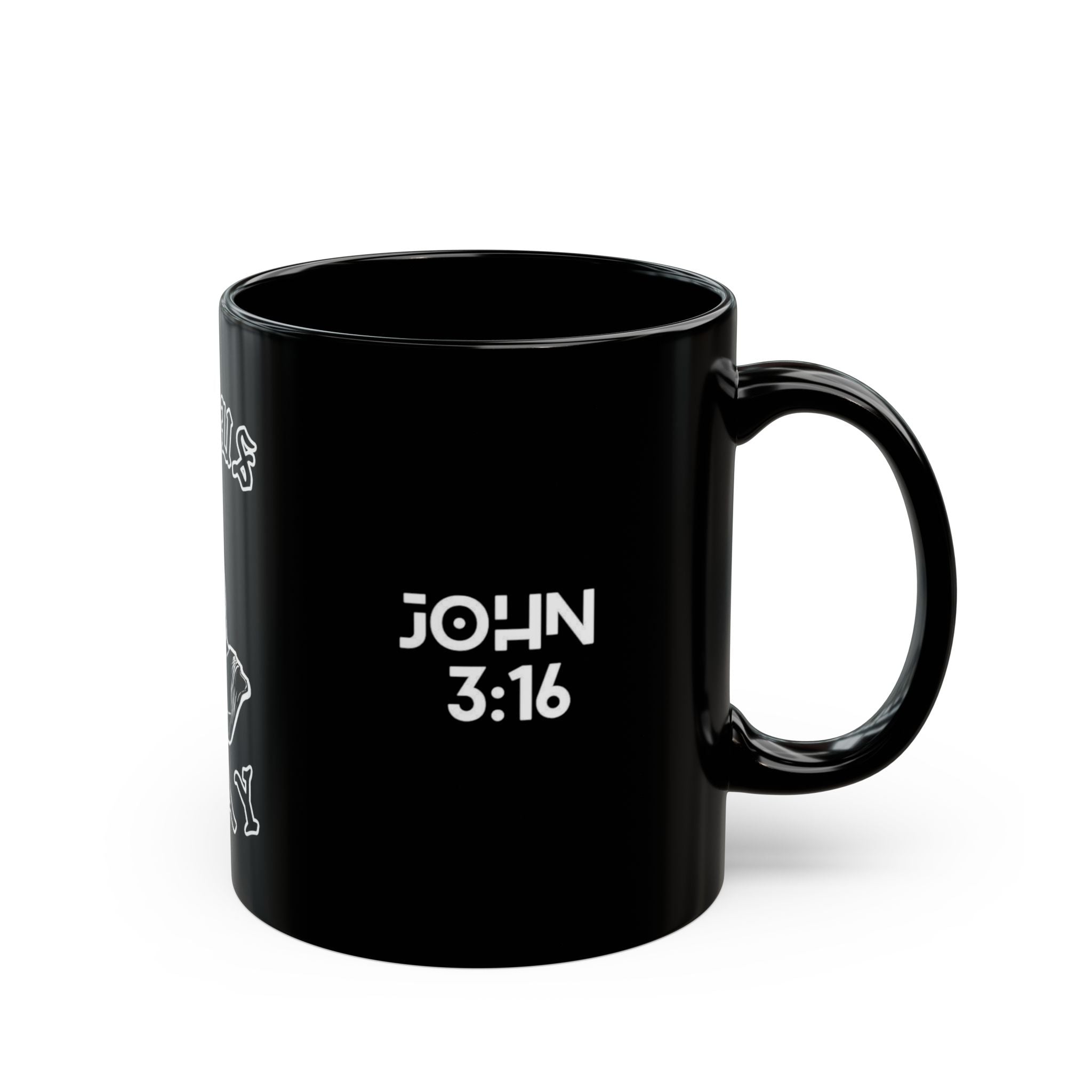Let Us Pray Black Mug — Praying Hands Coffee Cup with John 3:16 Scripture