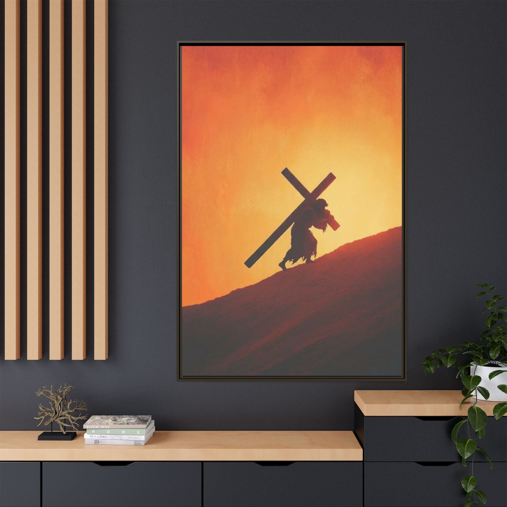Jesus Christ Carrying Cross Framed Canvas — 'The World On His Shoulder' Sunset Art