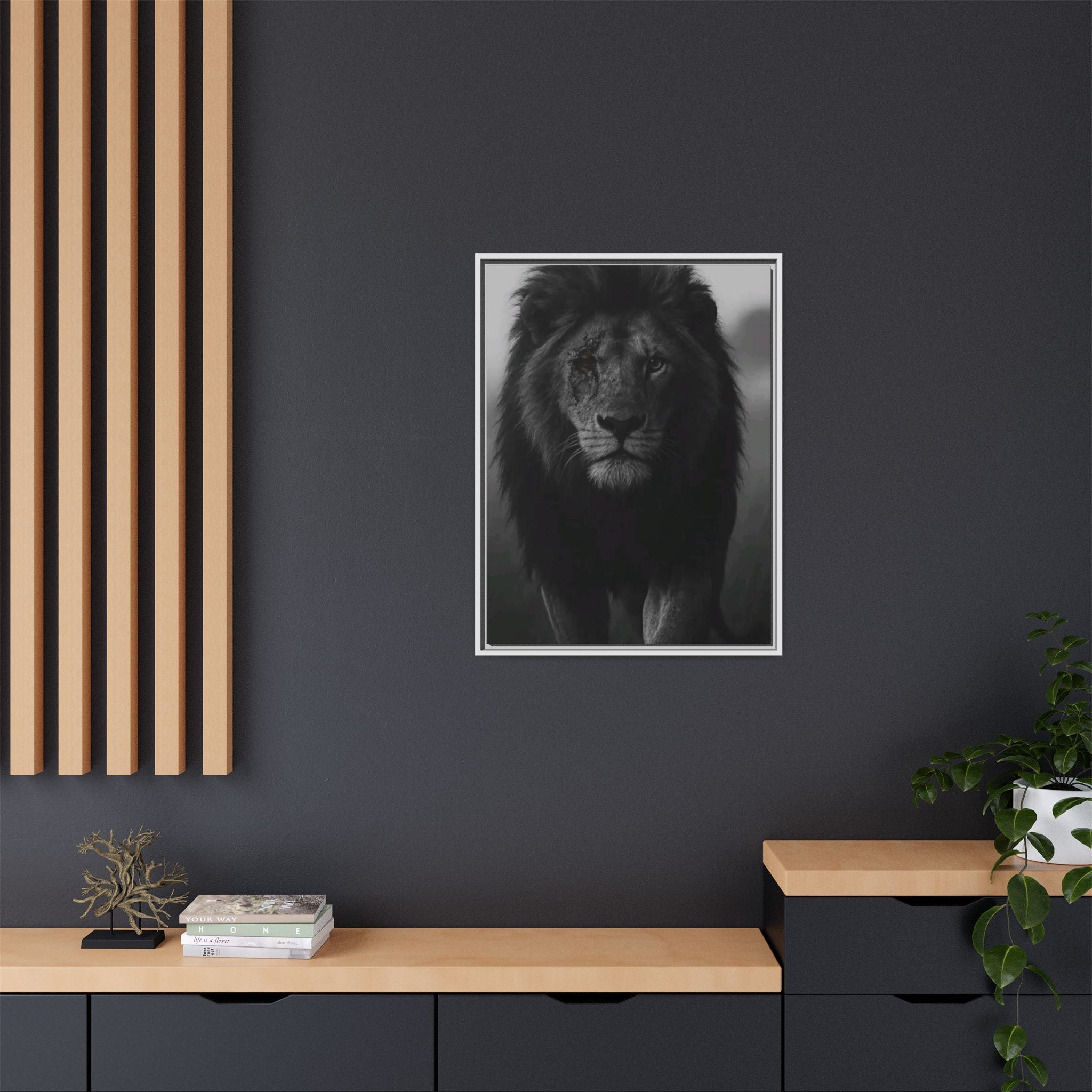 Framed Matte Canvas Lion Wall Art – Black & White Majestic Lion Print