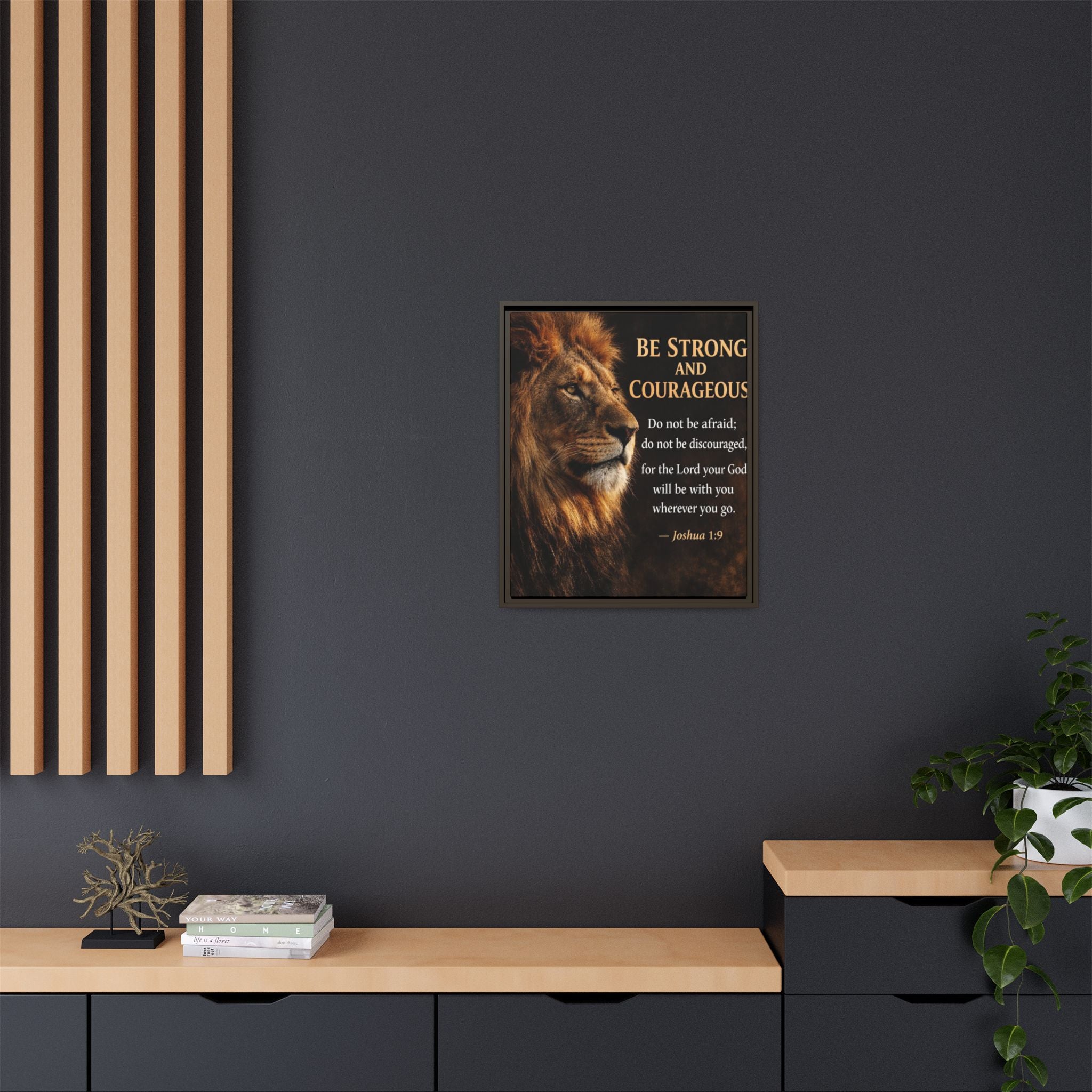 Framed Lion Canvas Print - "Be Strong and Courageous" Joshua 1:9 Inspirational Wall Art