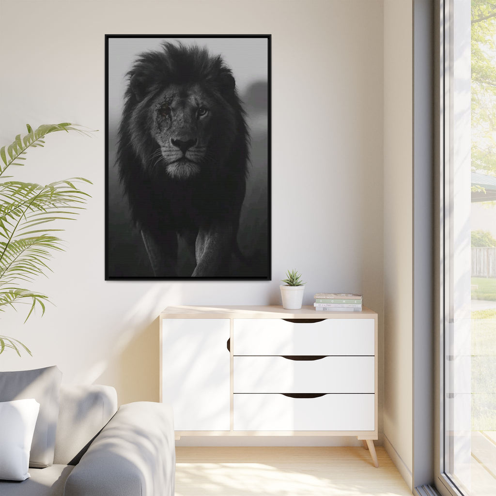 Framed Matte Canvas Lion Wall Art – Black & White Majestic Lion Print
