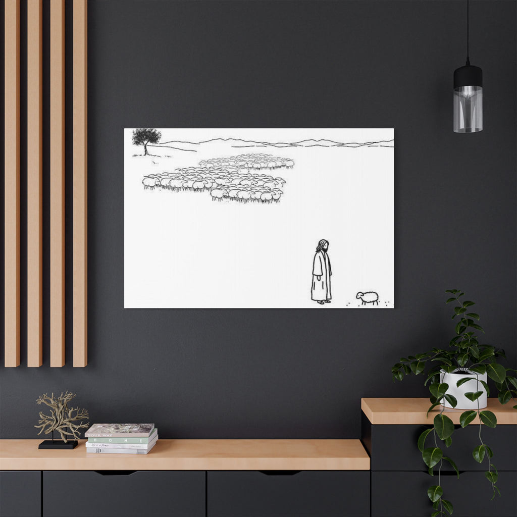 Jesus With One Lost Sheep Satin Canvas Wall Art