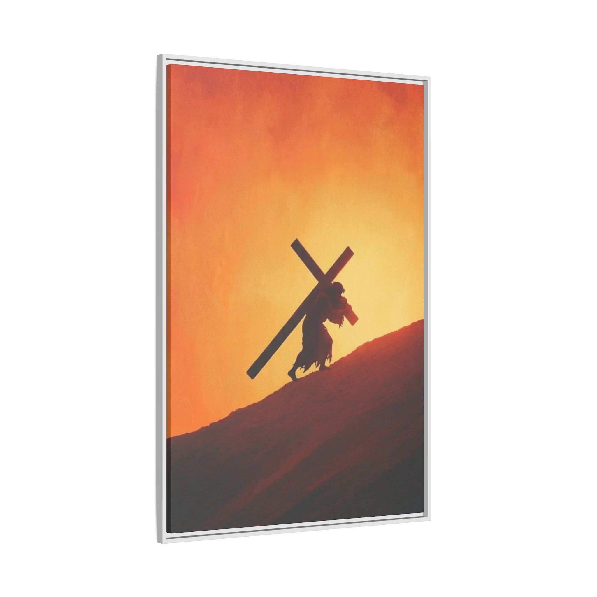 Jesus Christ Carrying Cross Framed Canvas — 'The World On His Shoulder' Sunset Art
