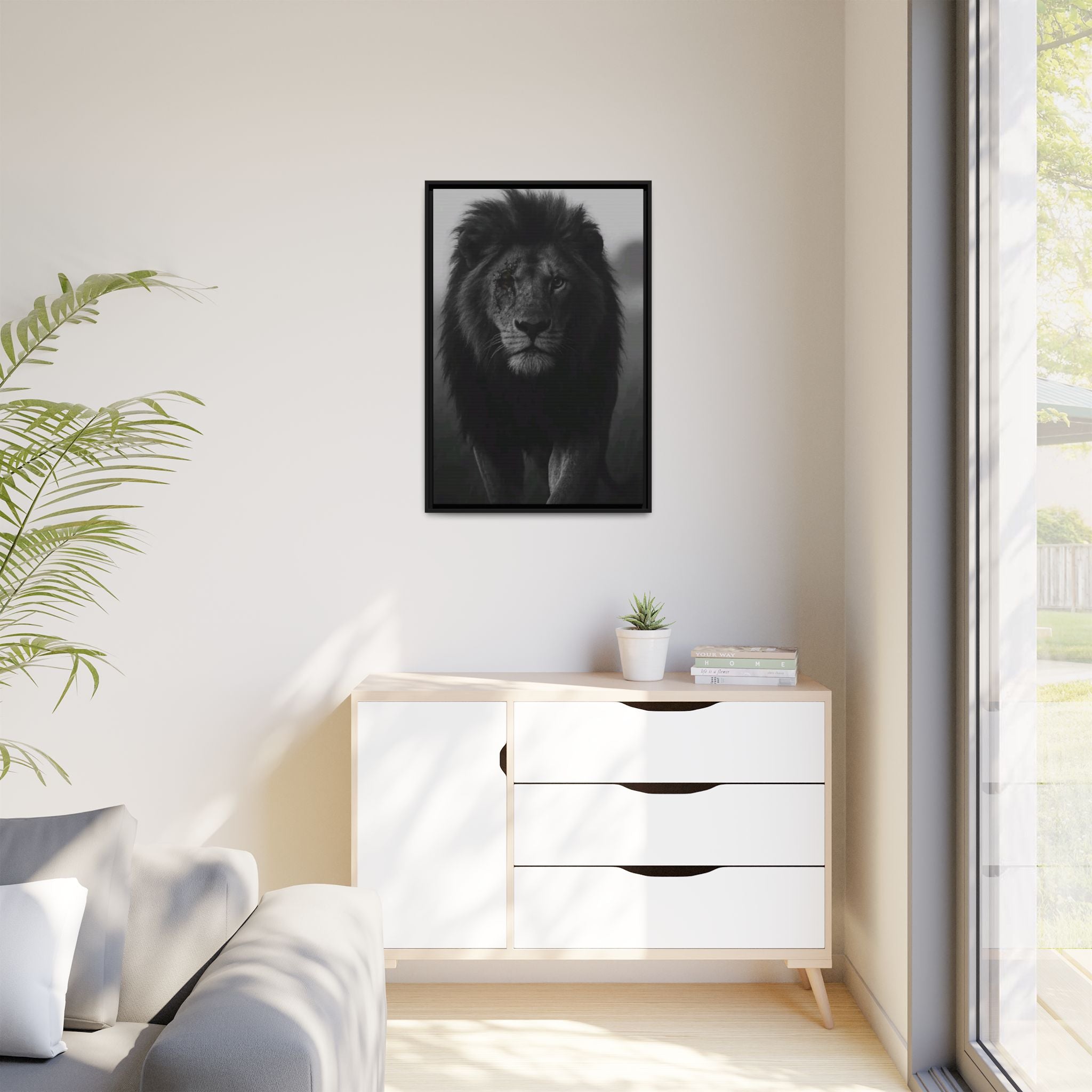 Framed Matte Canvas Lion Wall Art – Black & White Majestic Lion Print
