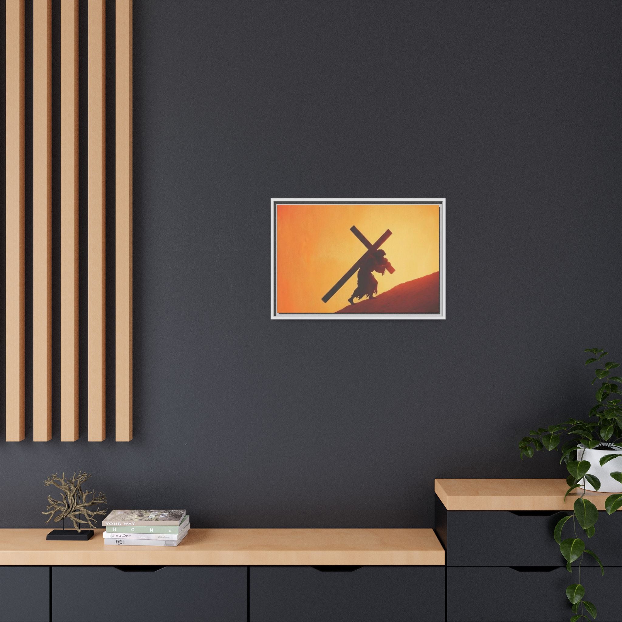 Jesus Christ Carrying Cross Framed Canvas — 'The World On His Shoulder' Sunset Art