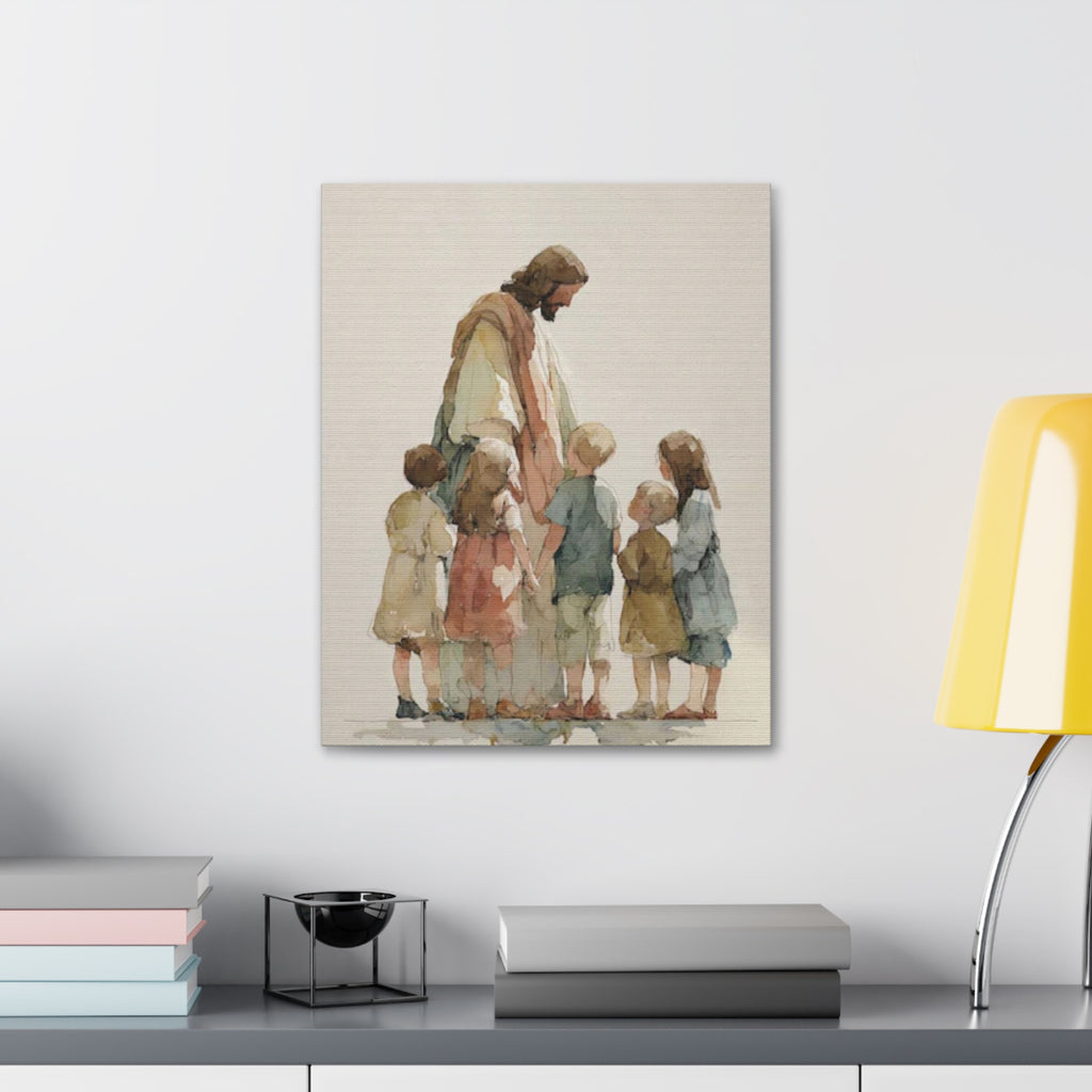 Faithful Father and Children Watercolor Canvas Print — Religious Nursery Wall Art