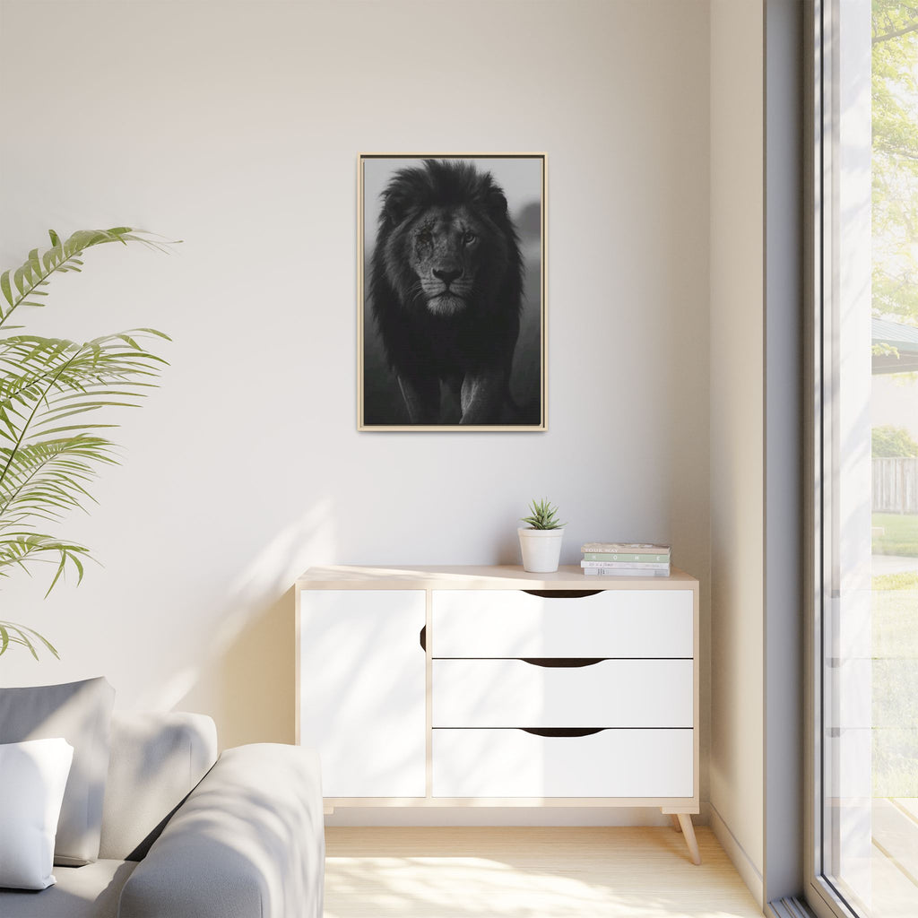 Framed Matte Canvas Lion Wall Art – Black & White Majestic Lion Print
