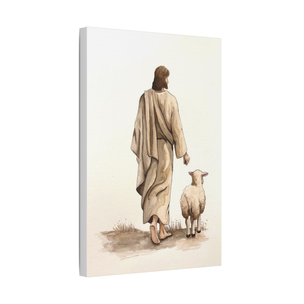Jesus with Lamb Satin Canvas Wall Art – Christian Religious Stretched Canvas