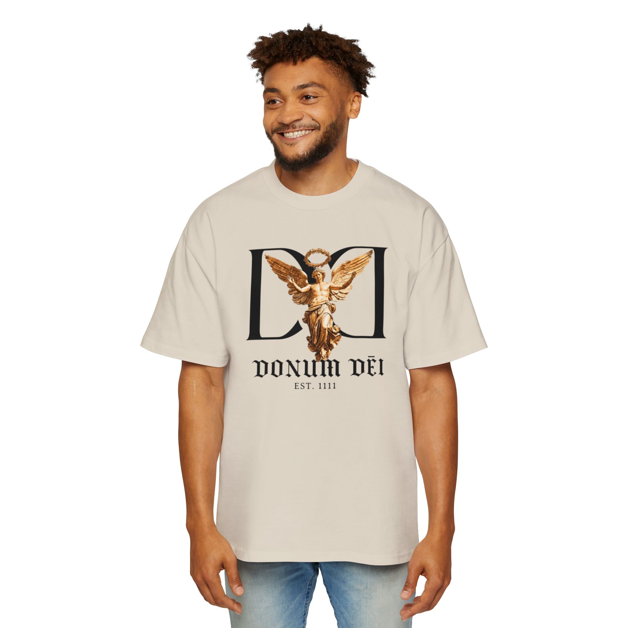 Donum Dei Angel Graphic Tee — Vintage Roman Lettering Men’s Oversized T‑Shirt