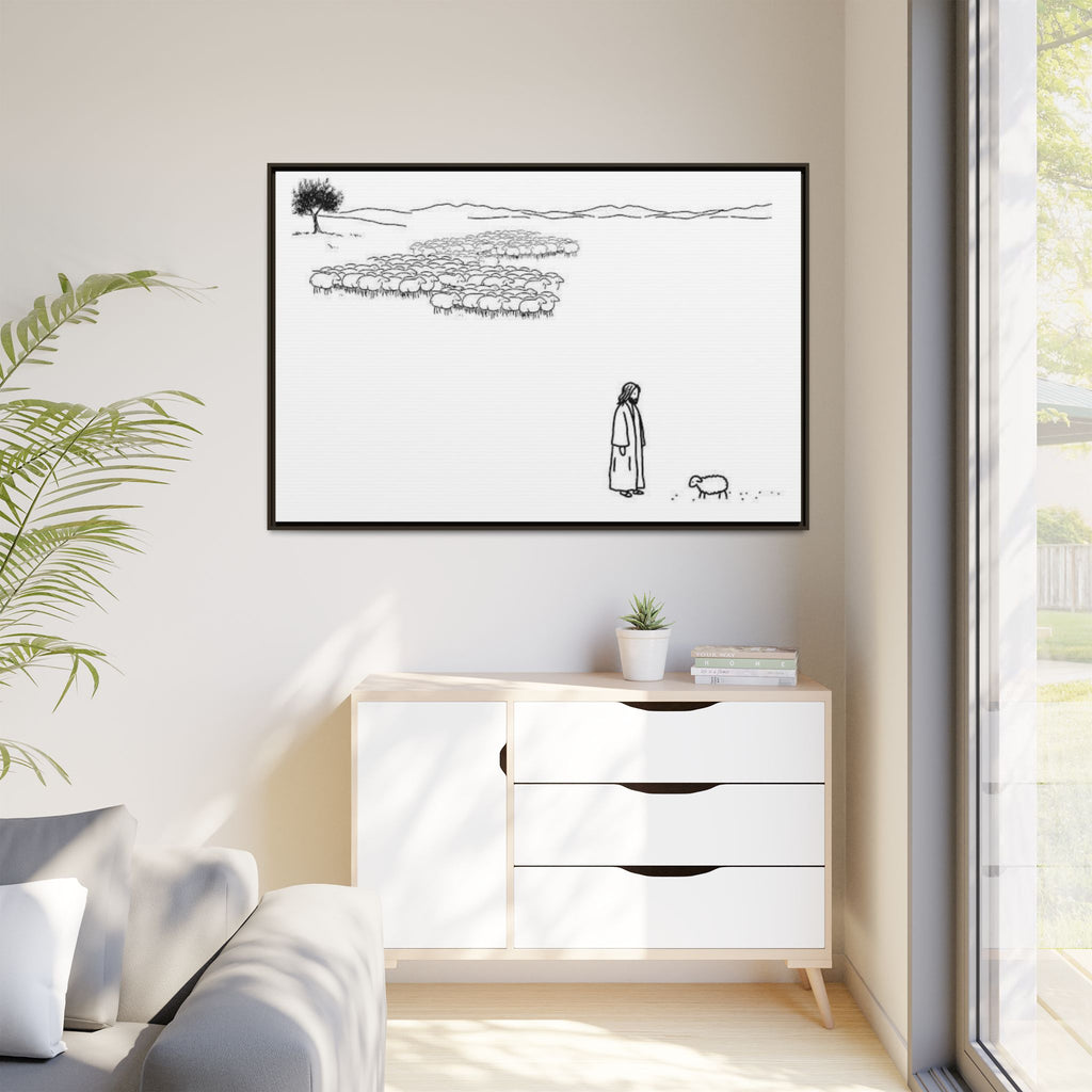 Framed Matte Canvas Print — Minimal The Good Shepherd & Flock Line Art