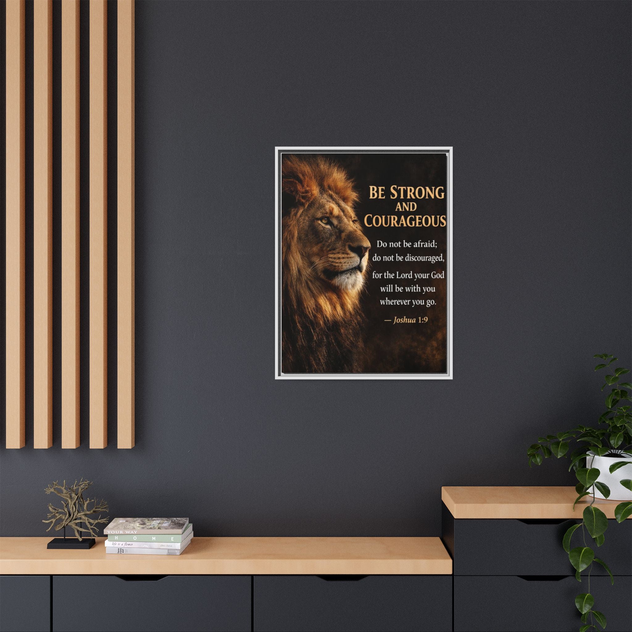 Framed Lion Canvas Print - "Be Strong and Courageous" Joshua 1:9 Inspirational Wall Art