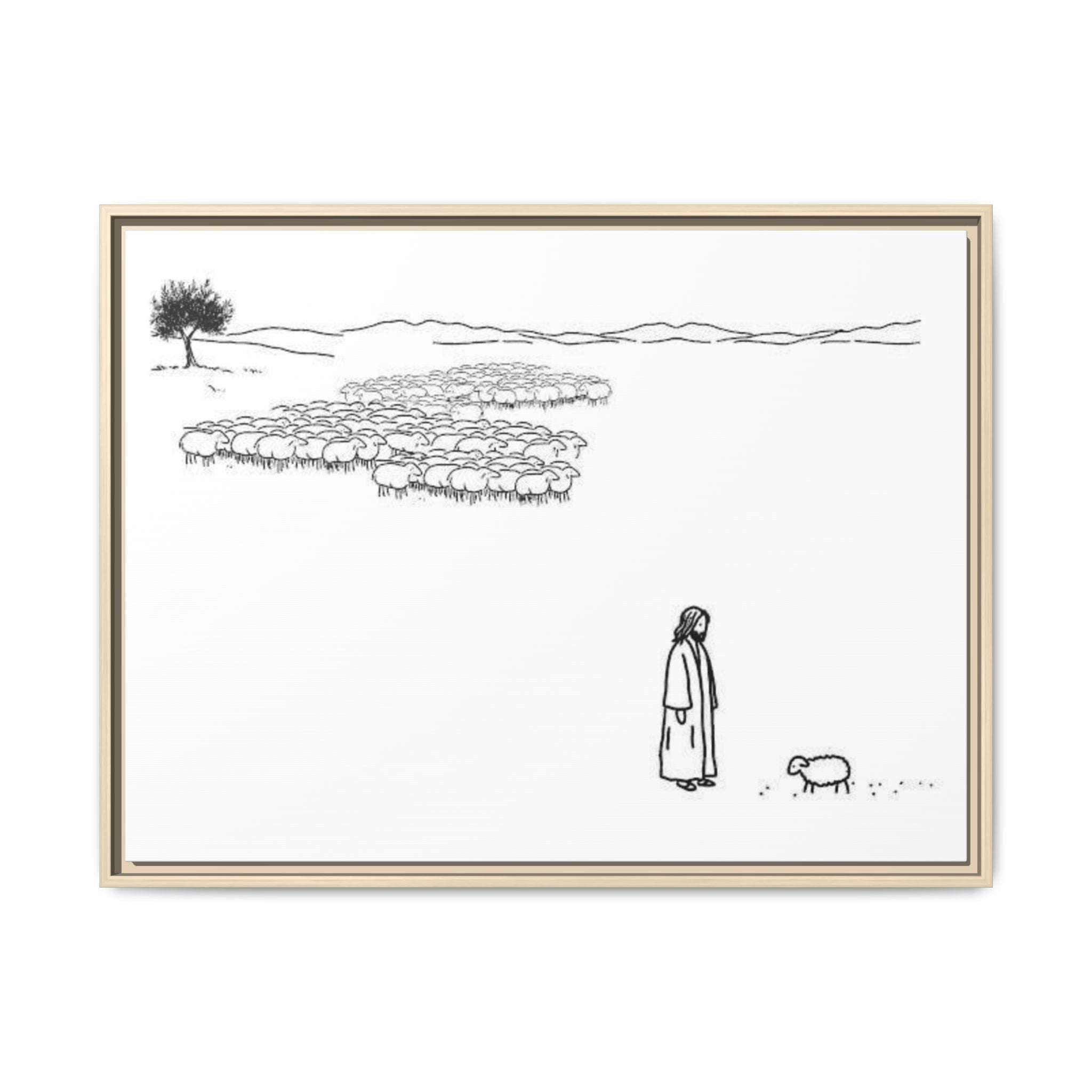 Framed Matte Canvas Print — Minimal The Good Shepherd & Flock Line Art