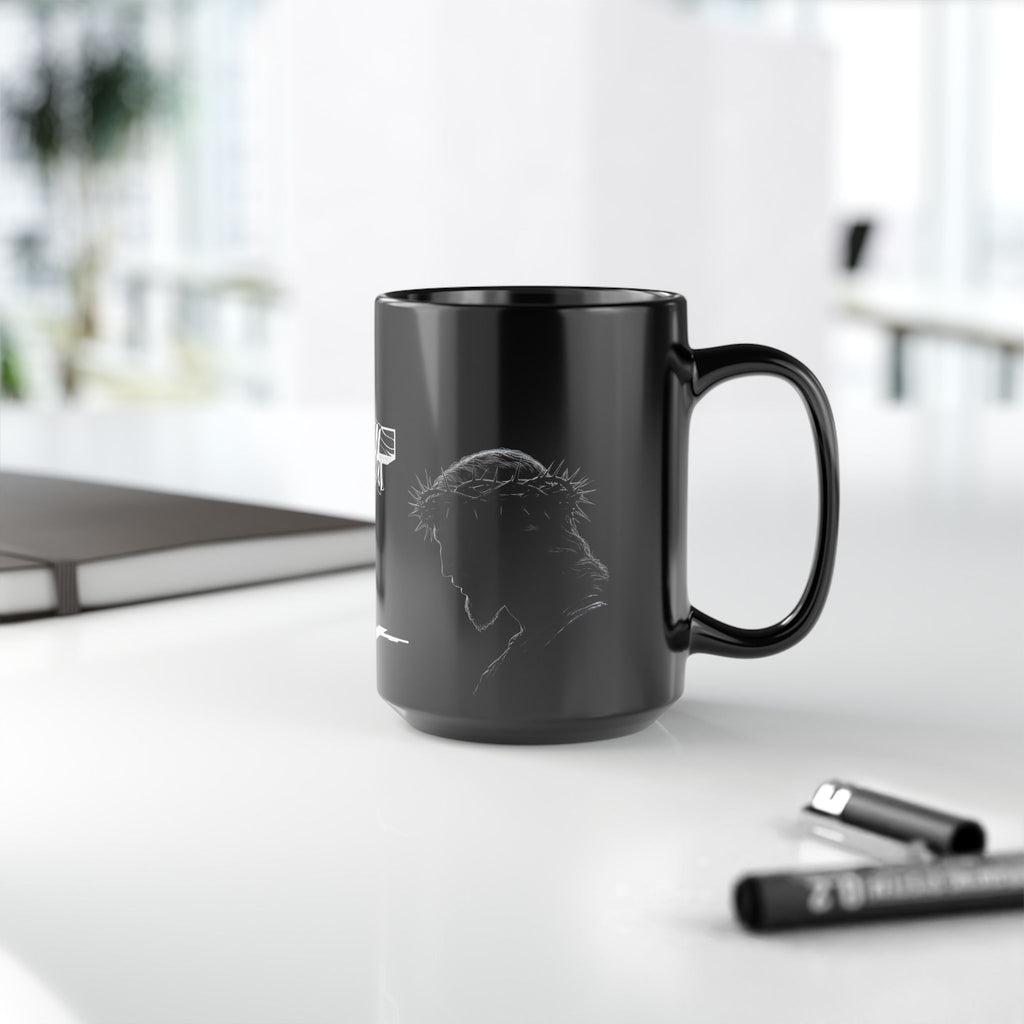 Christian Cross & Crown of Thorns Black Coffee Mug — Inspirational Scripture Gift (11oz/15oz)