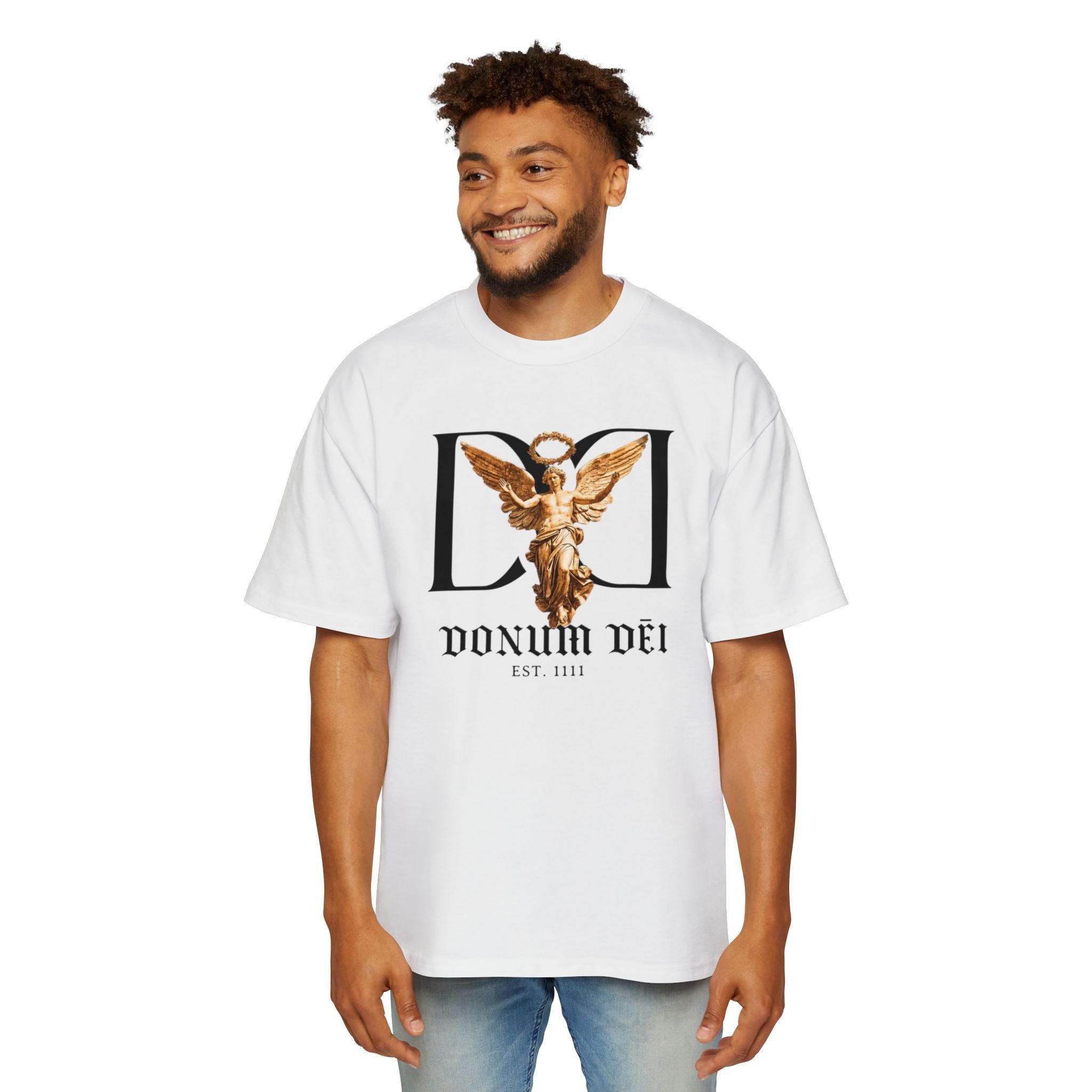 Donum Dei Angel Graphic Tee — Vintage Roman Lettering Men’s Oversized T‑Shirt