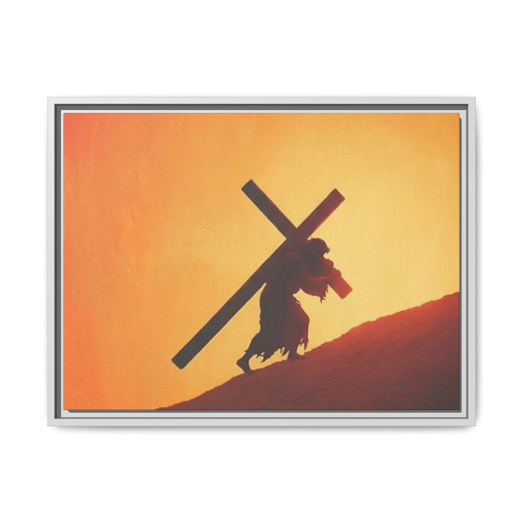 Jesus Christ Carrying Cross Framed Canvas — 'The World On His Shoulder' Sunset Art