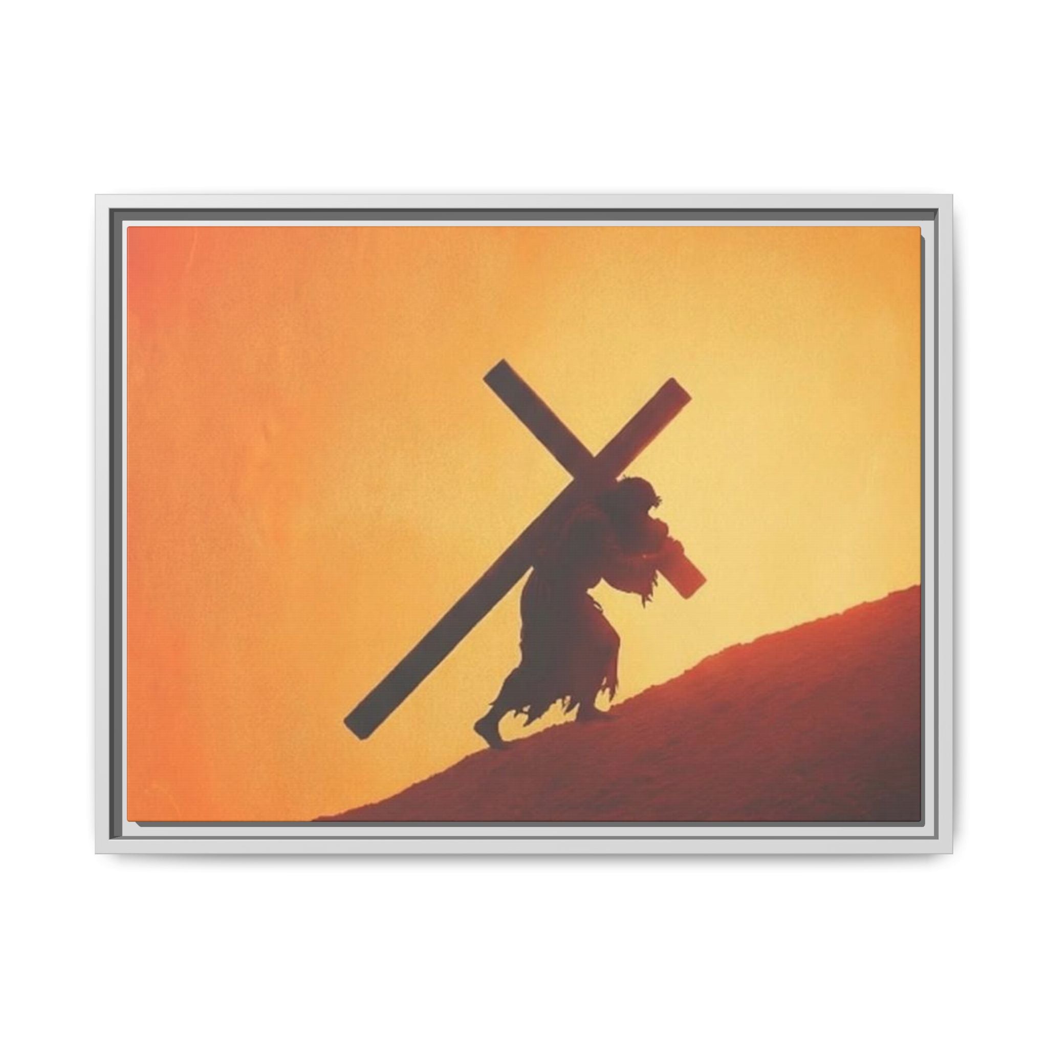 Jesus Christ Carrying Cross Framed Canvas — 'The World On His Shoulder' Sunset Art
