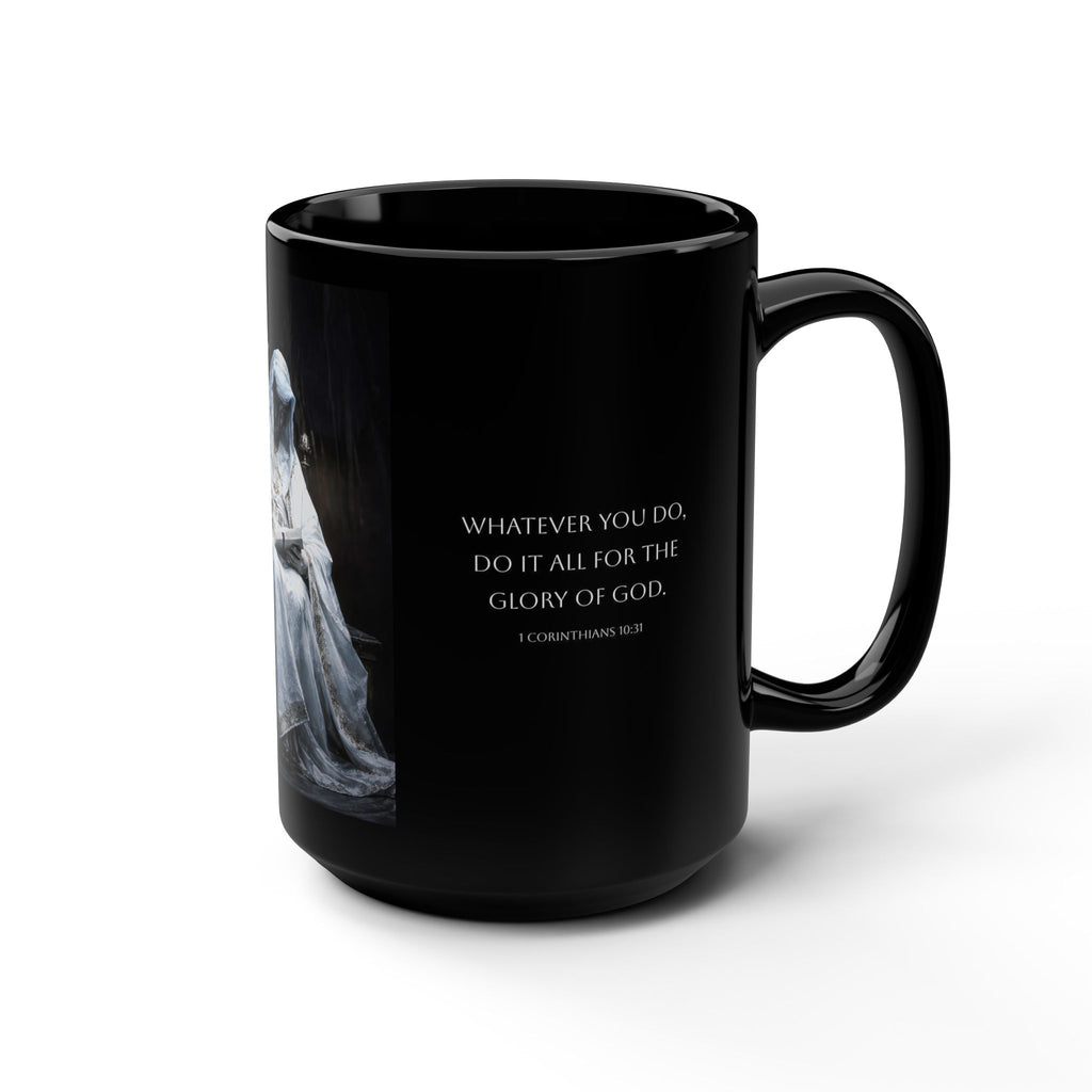 Christian Inspirational Black 15oz Mug — 'Whatever You Do, Do It All for the Glory of God' with Prayerful Statue Artwork