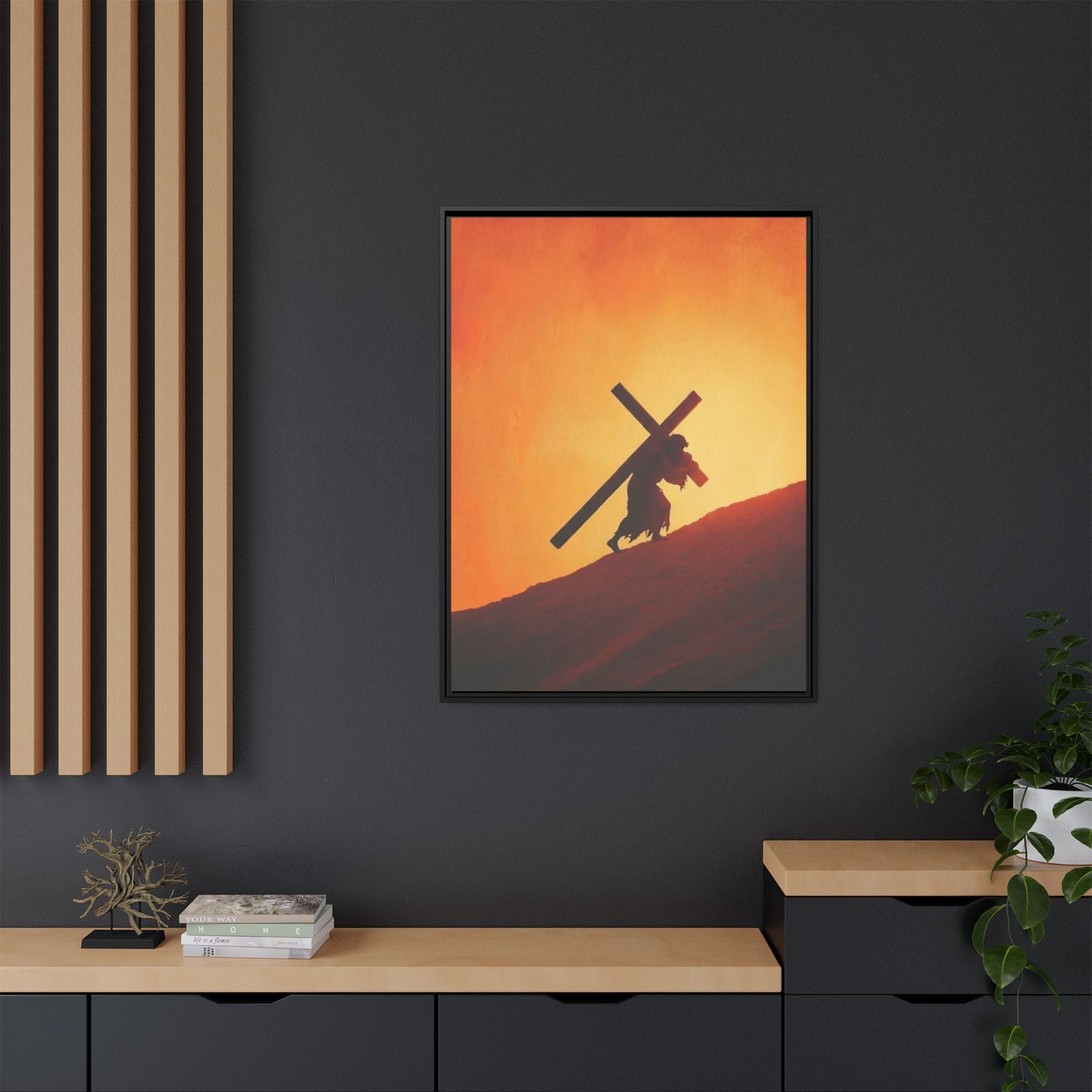 Jesus Christ Carrying Cross Framed Canvas — 'The World On His Shoulder' Sunset Art