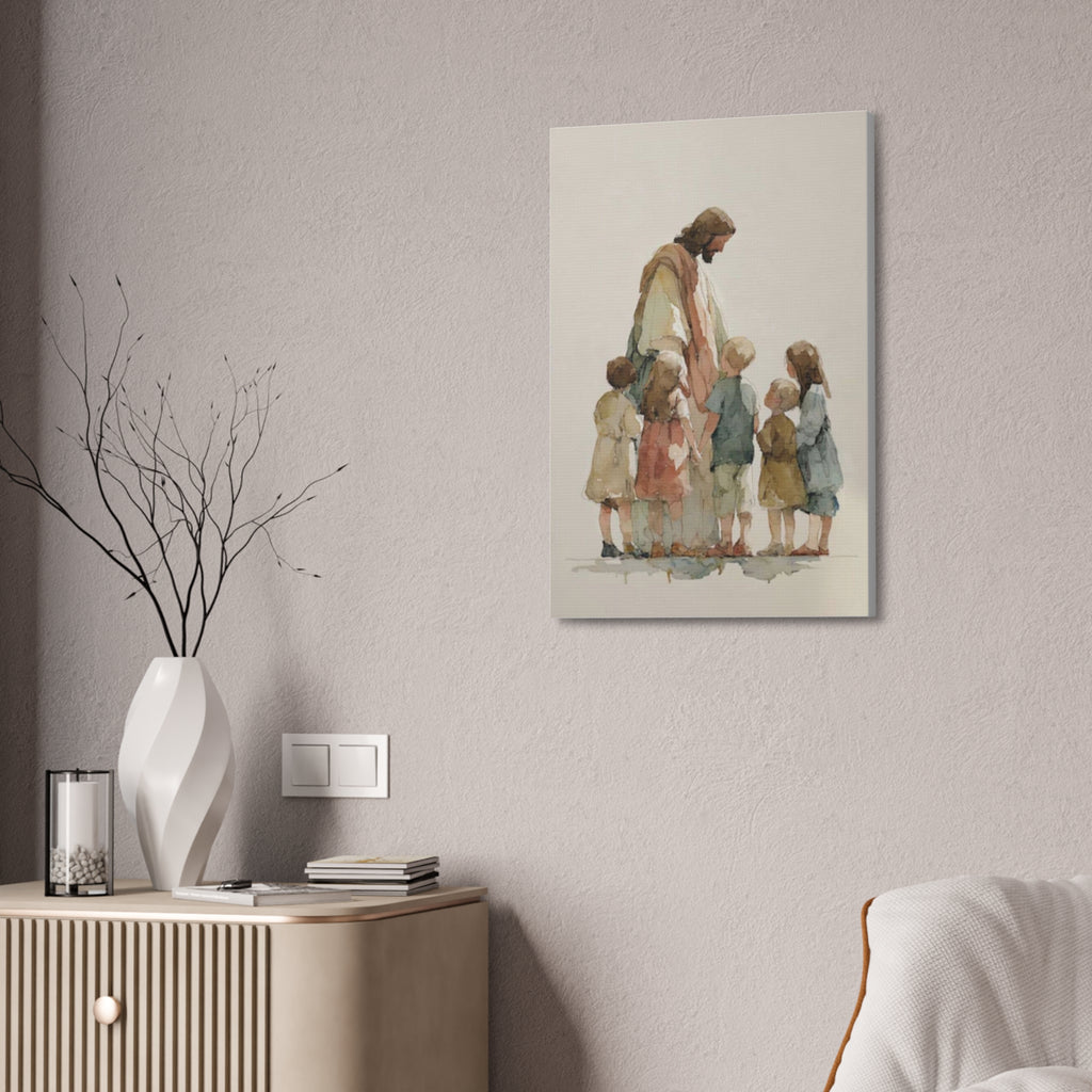 Faithful Father and Children Watercolor Canvas Print — Religious Nursery Wall Art