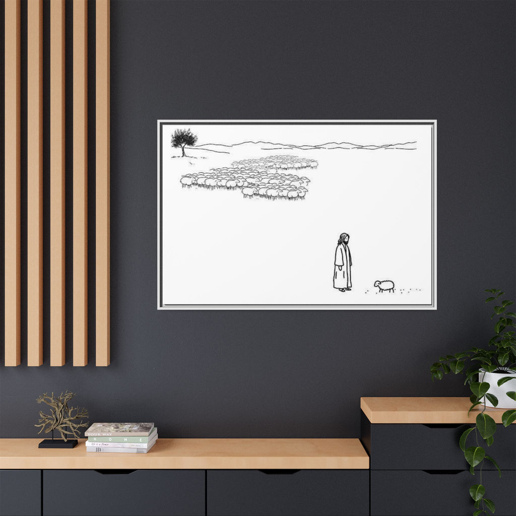 Framed Matte Canvas Print — Minimal The Good Shepherd & Flock Line Art