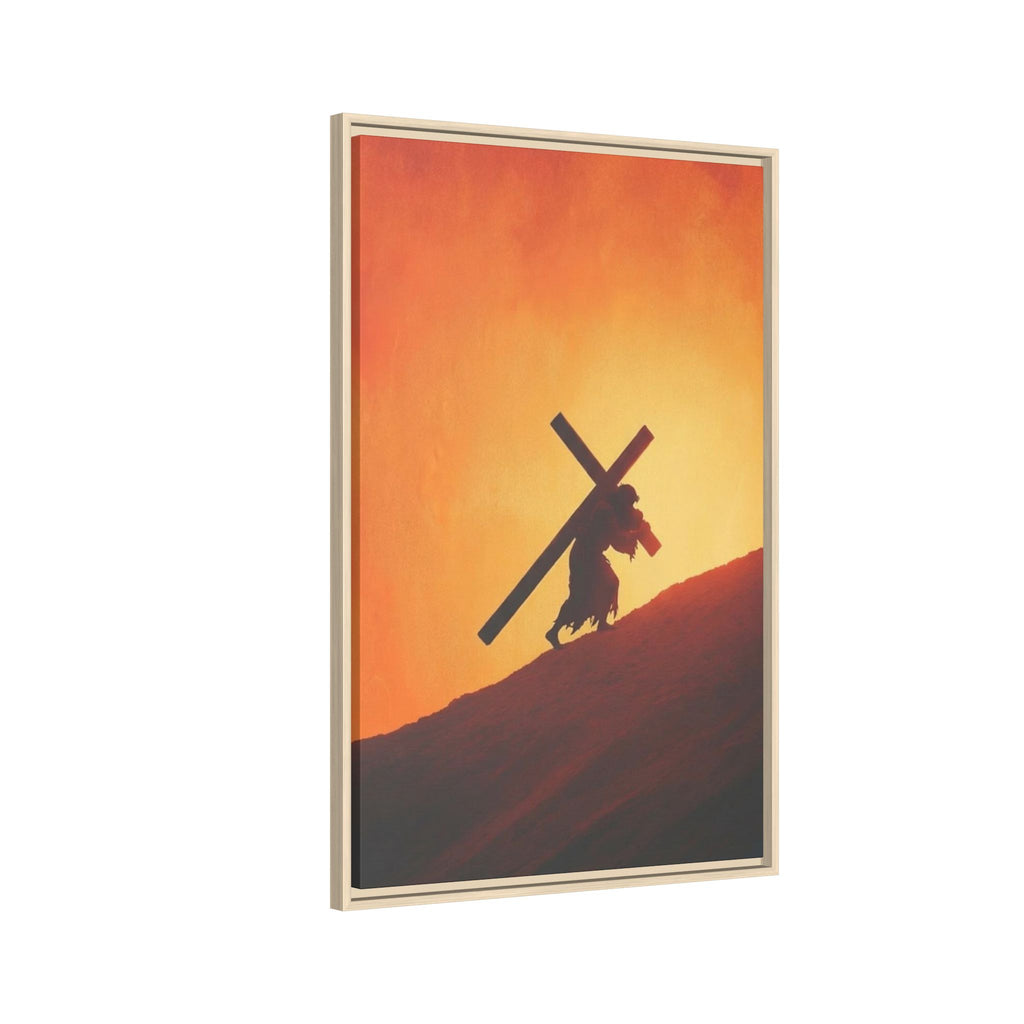 Jesus Christ Carrying Cross Framed Canvas — 'The World On His Shoulder' Sunset Art