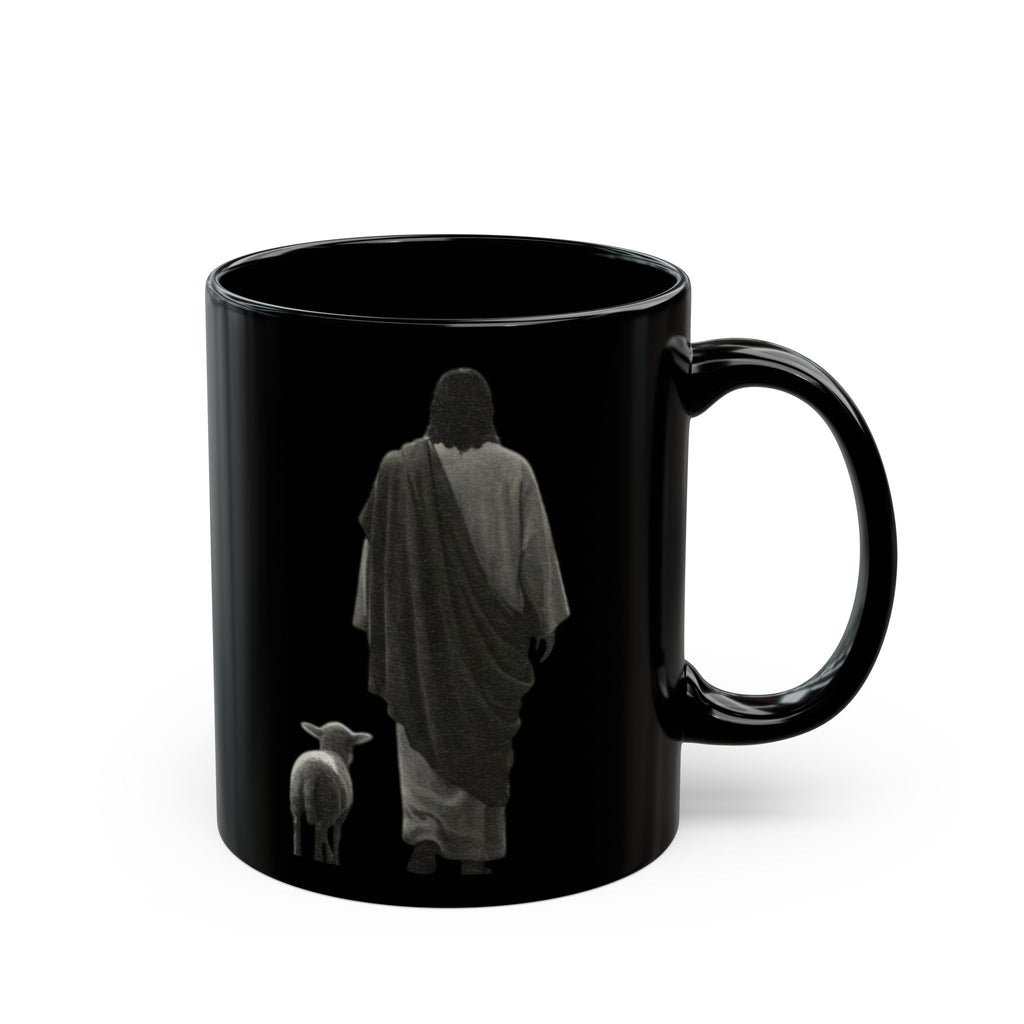 Jesus with Lamb Black Mug — Faith Inspirational Coffee Cup (11oz, 15oz)
