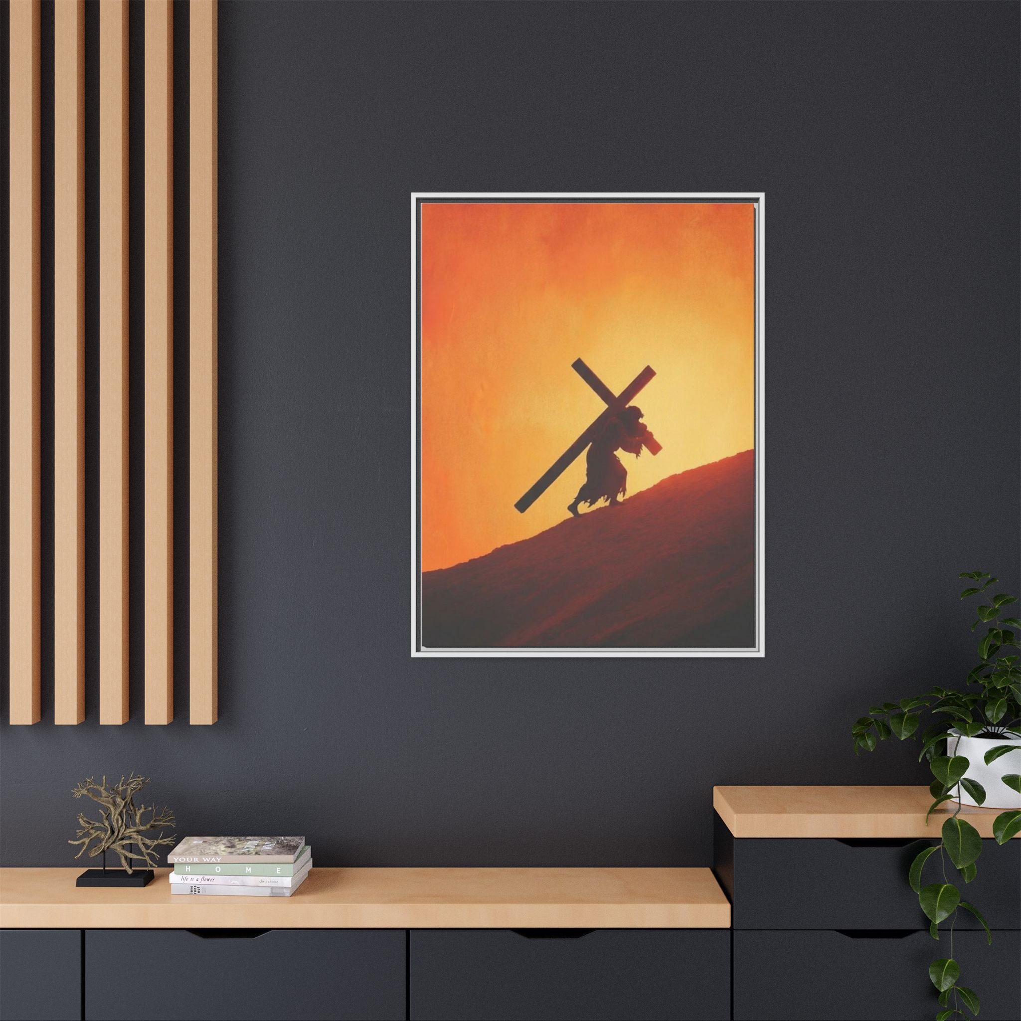 Jesus Christ Carrying Cross Framed Canvas — 'The World On His Shoulder' Sunset Art