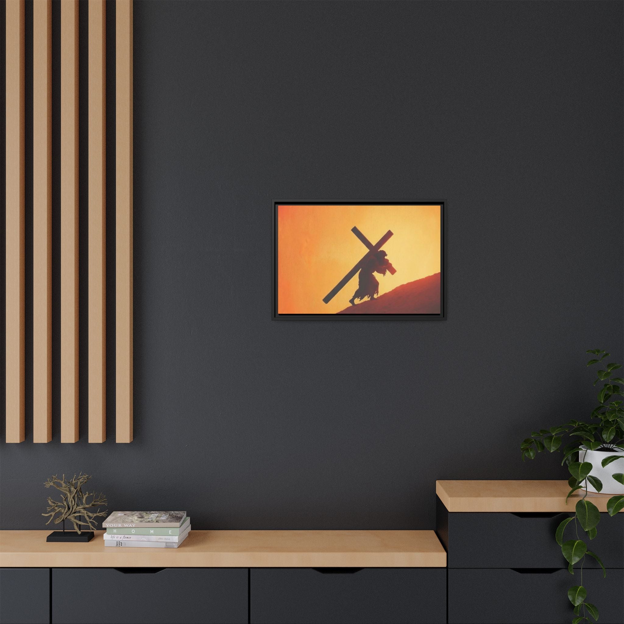 Jesus Christ Carrying Cross Framed Canvas — 'The World On His Shoulder' Sunset Art